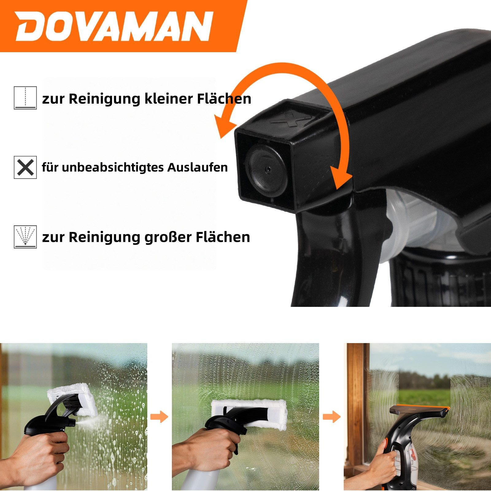 Reinigungsspray-Flasche mit Anweisungen und Fensterreinigungsschritten.
