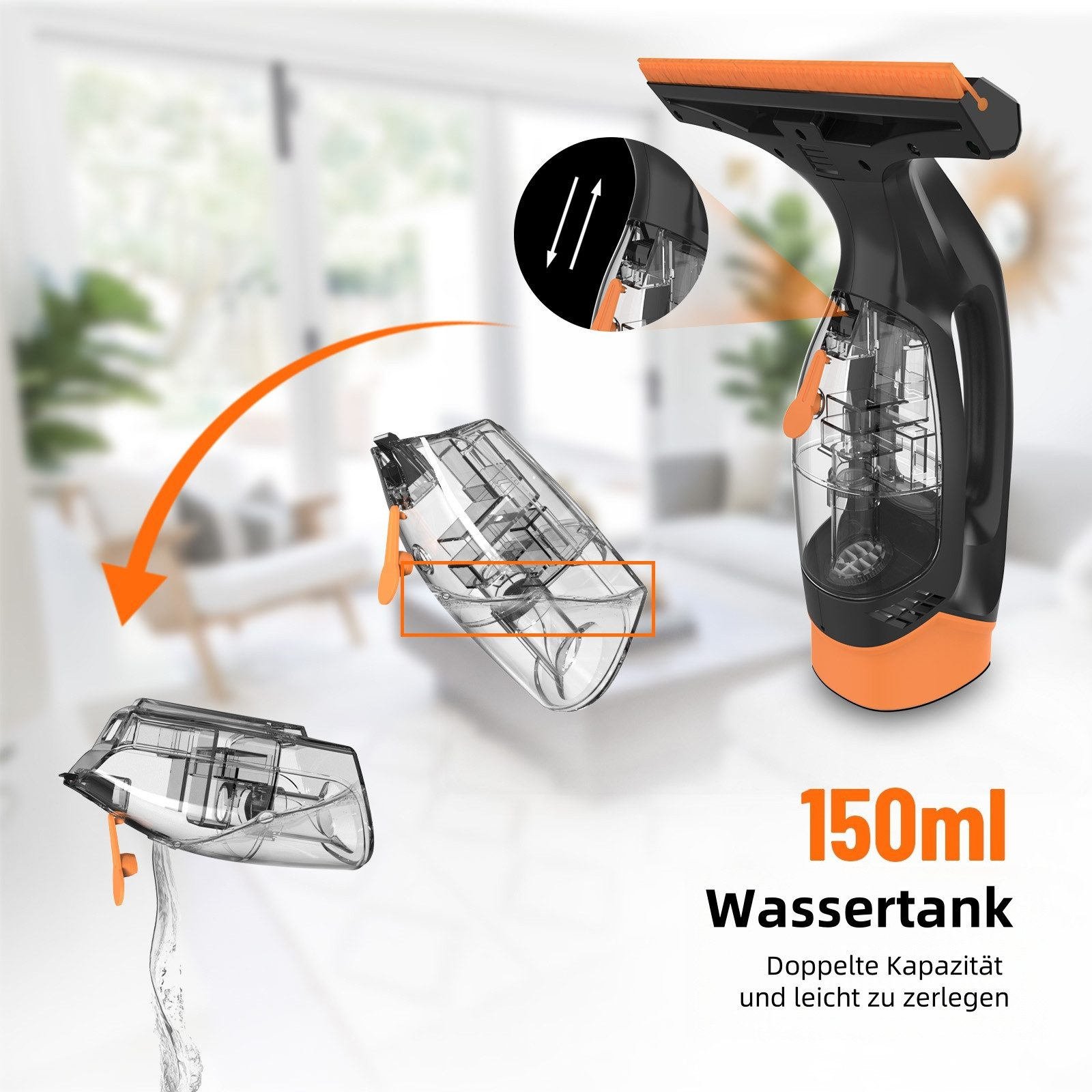 Ein Fensterreiniger mit 150ml Wassertank, abnehmbar.