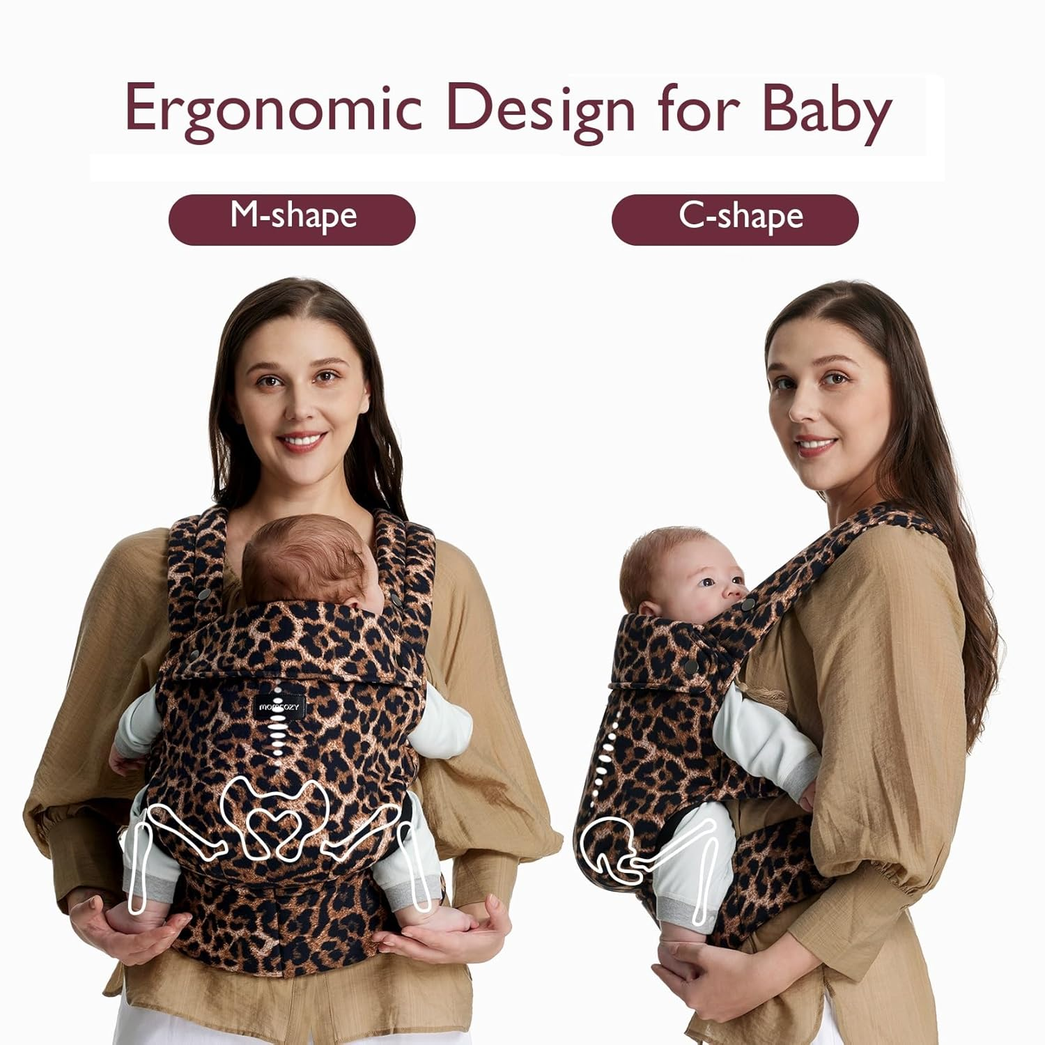 Donna con marsupio leopardato, forma a M a sinistra, a C a destra.