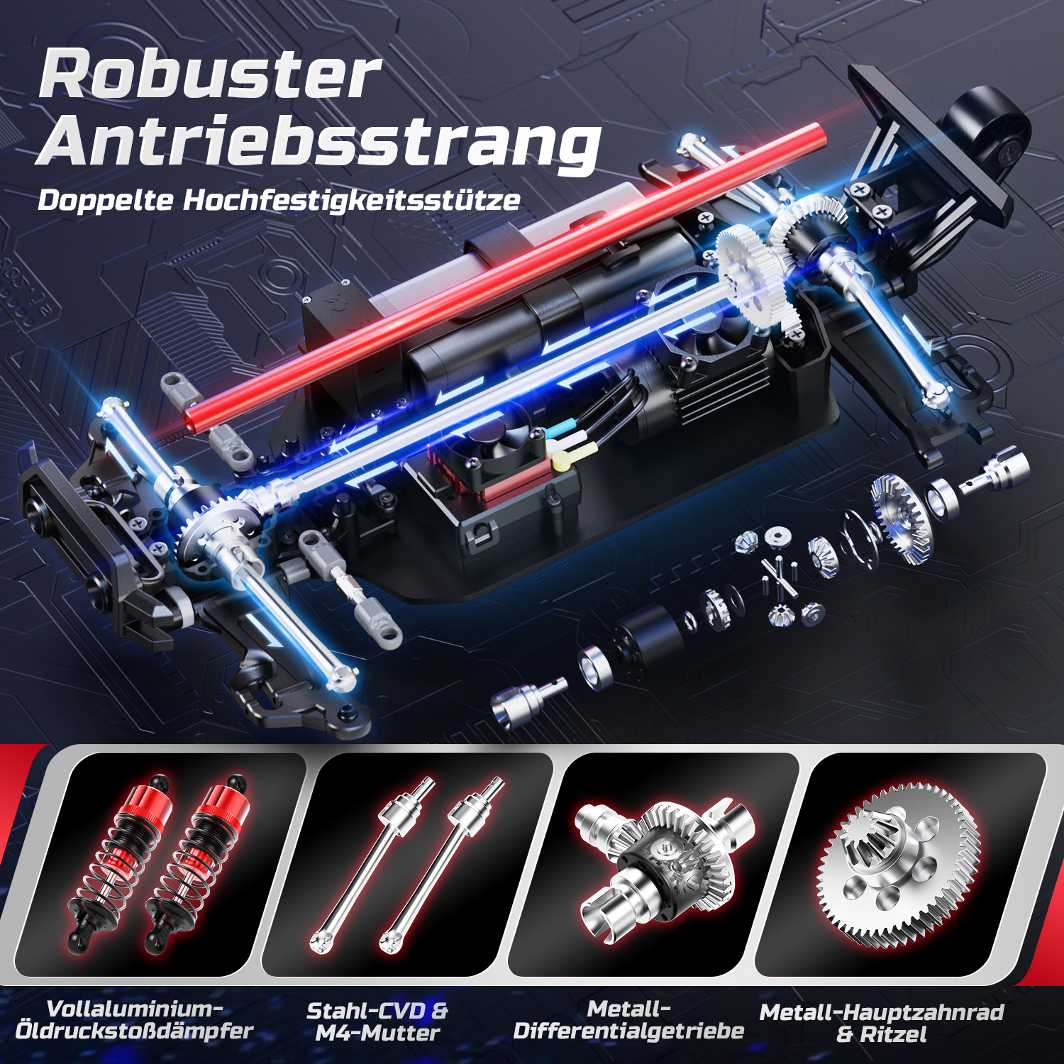 Detailansicht eines robusten Antriebsstrangs mit roten und blauen Lichteffekten.