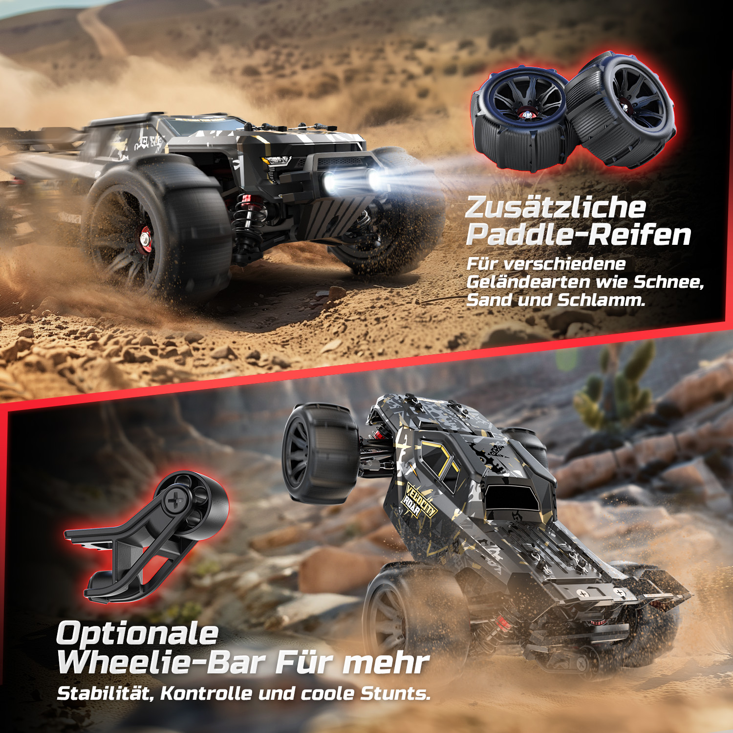 Ein schwarzes RC-Auto fährt durch Sand, mit zusätzlichen Reifen und Wheelie-Bar.