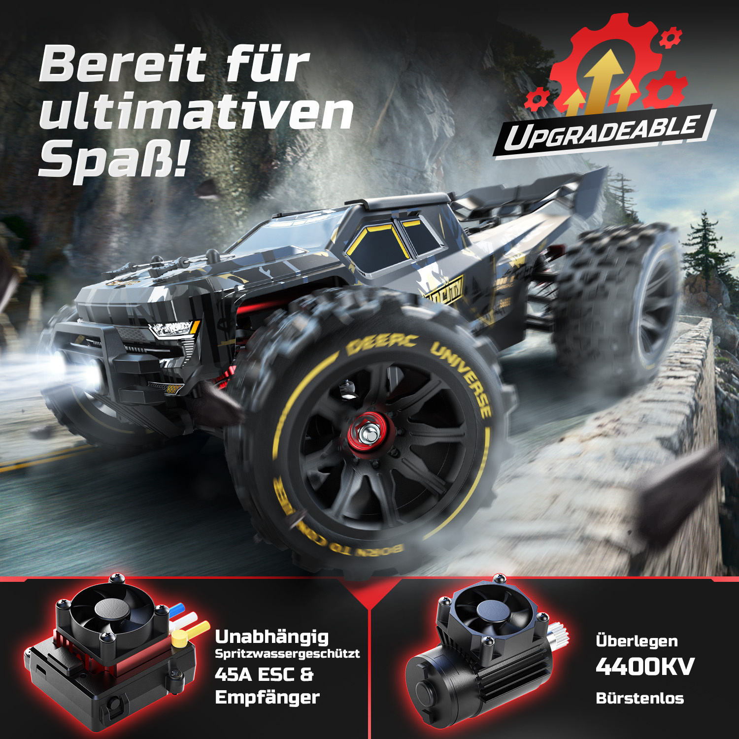 Ein schwarzes RC-Auto fährt auf einer Straße, mit zwei Komponenten darunter.