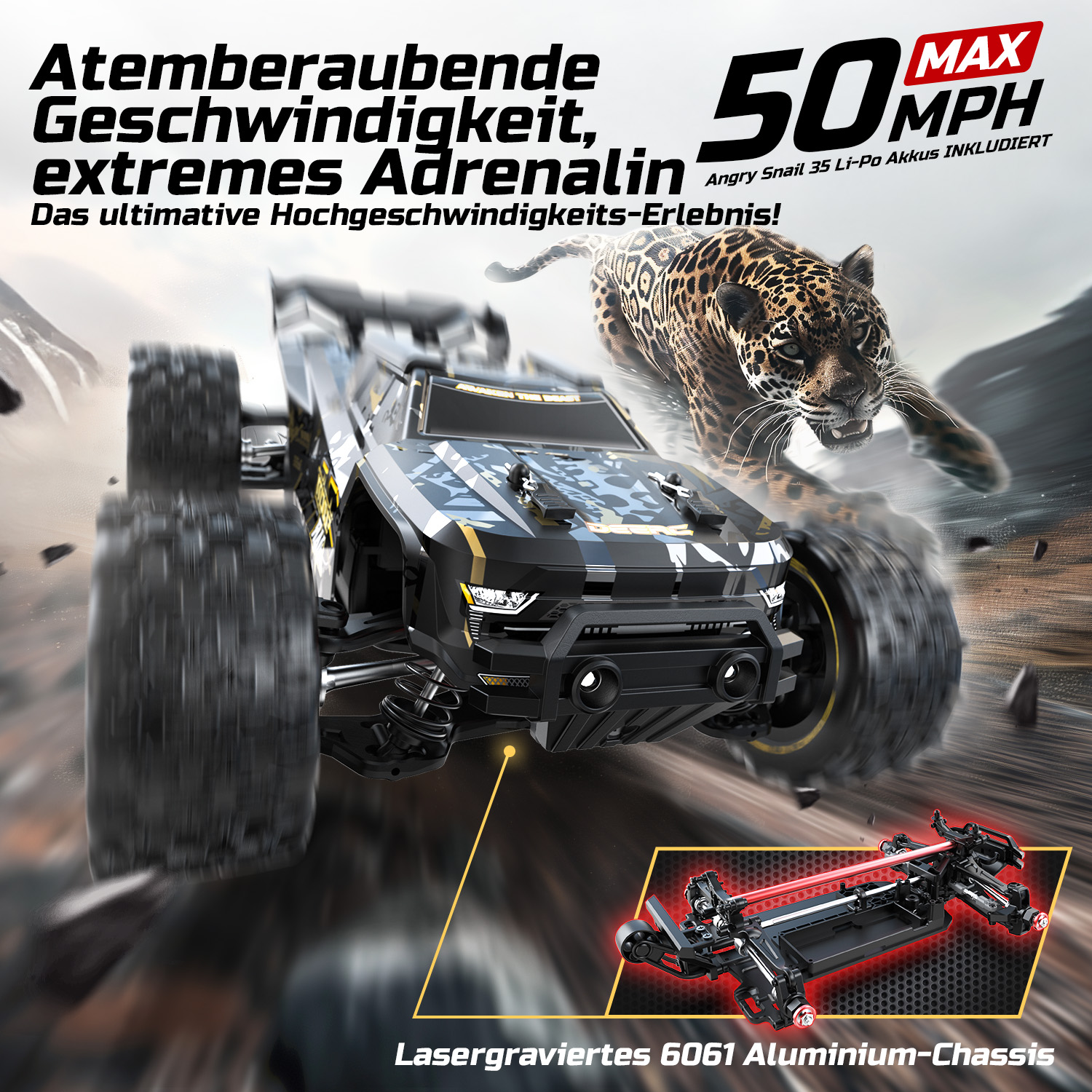 Ein RC-Auto rast, daneben ein Jaguar. 50 MPH Höchstgeschwindigkeit.