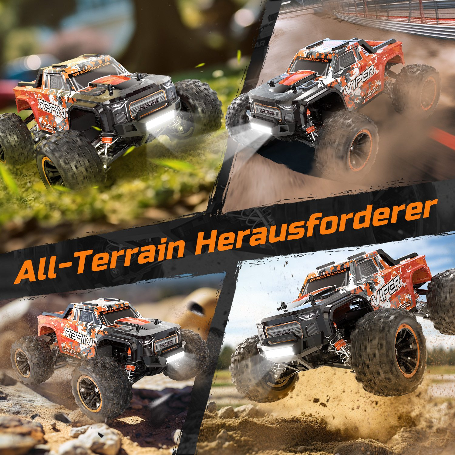 Vier ferngesteuerte Monstertrucks in Orange und Schwarz auf verschiedenen Terrains.