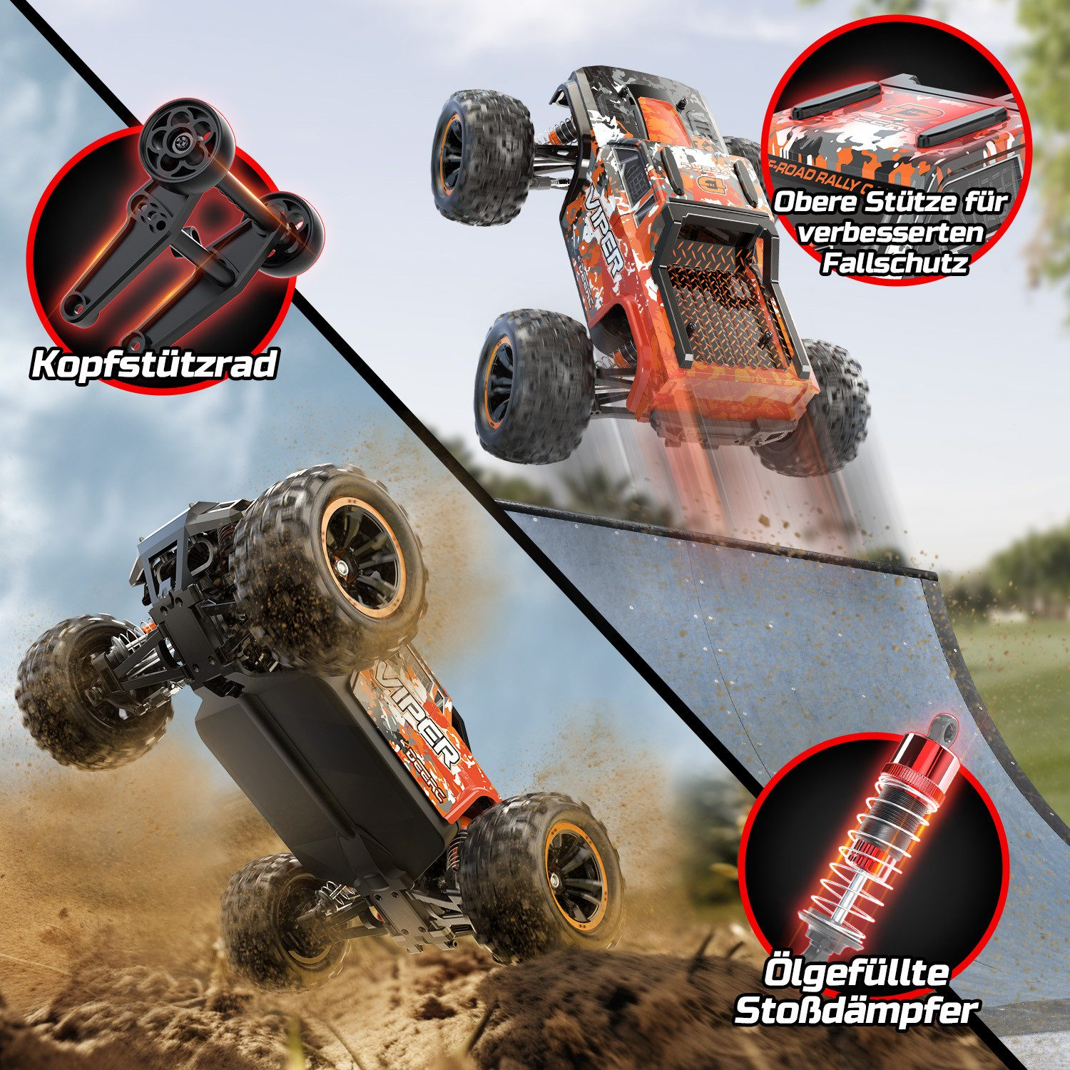 Ein orange-schwarzer Monstertruck fährt über eine Rampe und eine Schotterstrecke.