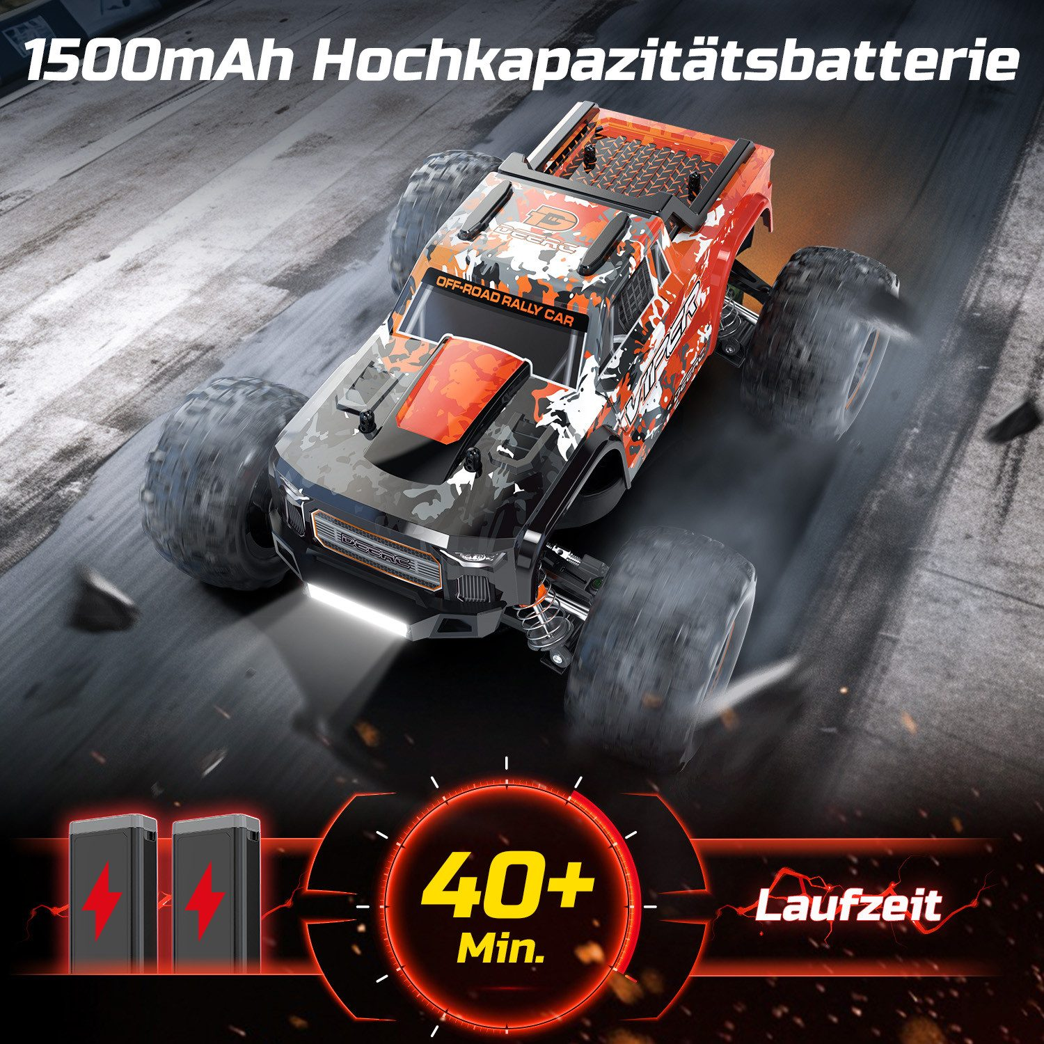 Ein orangefarbenes RC-Auto fährt schnell auf einer Straße, daneben zwei Batterien und 