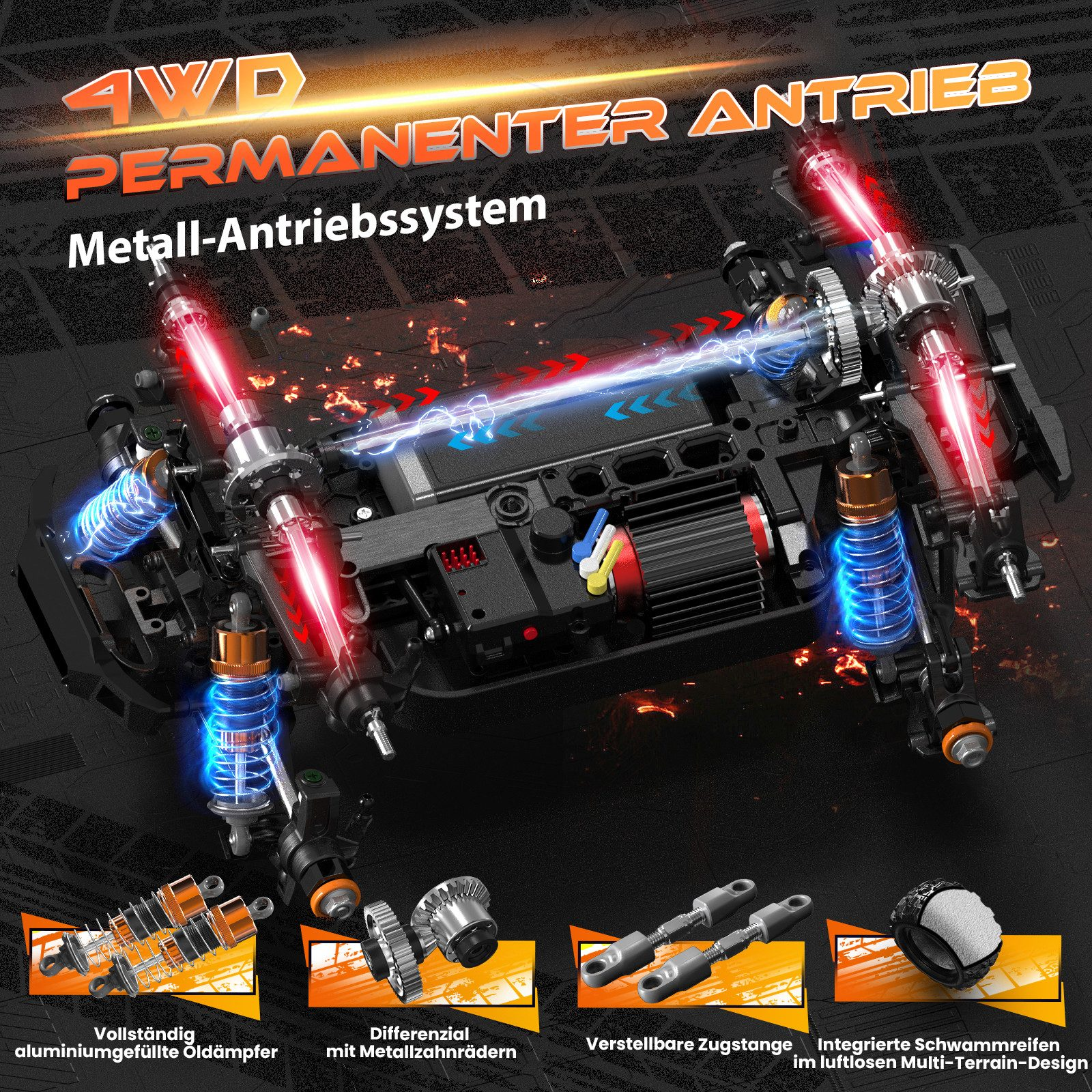 4WD Permanentantriebssystem aus Metall mit Stoßdämpfern, Differential und Reifen.