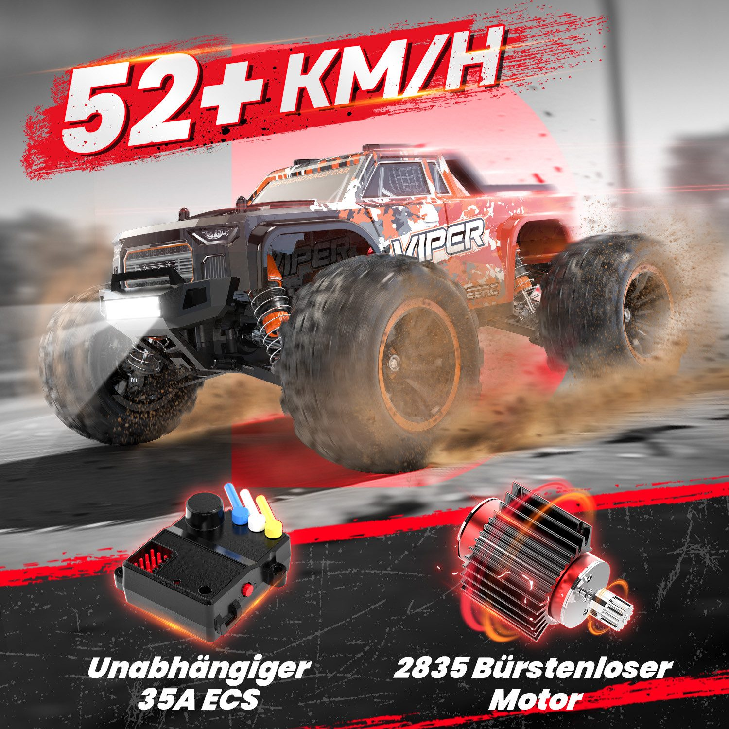 RC-Rennauto in Orange und Schwarz fährt schnell, mit Motor und ESC.