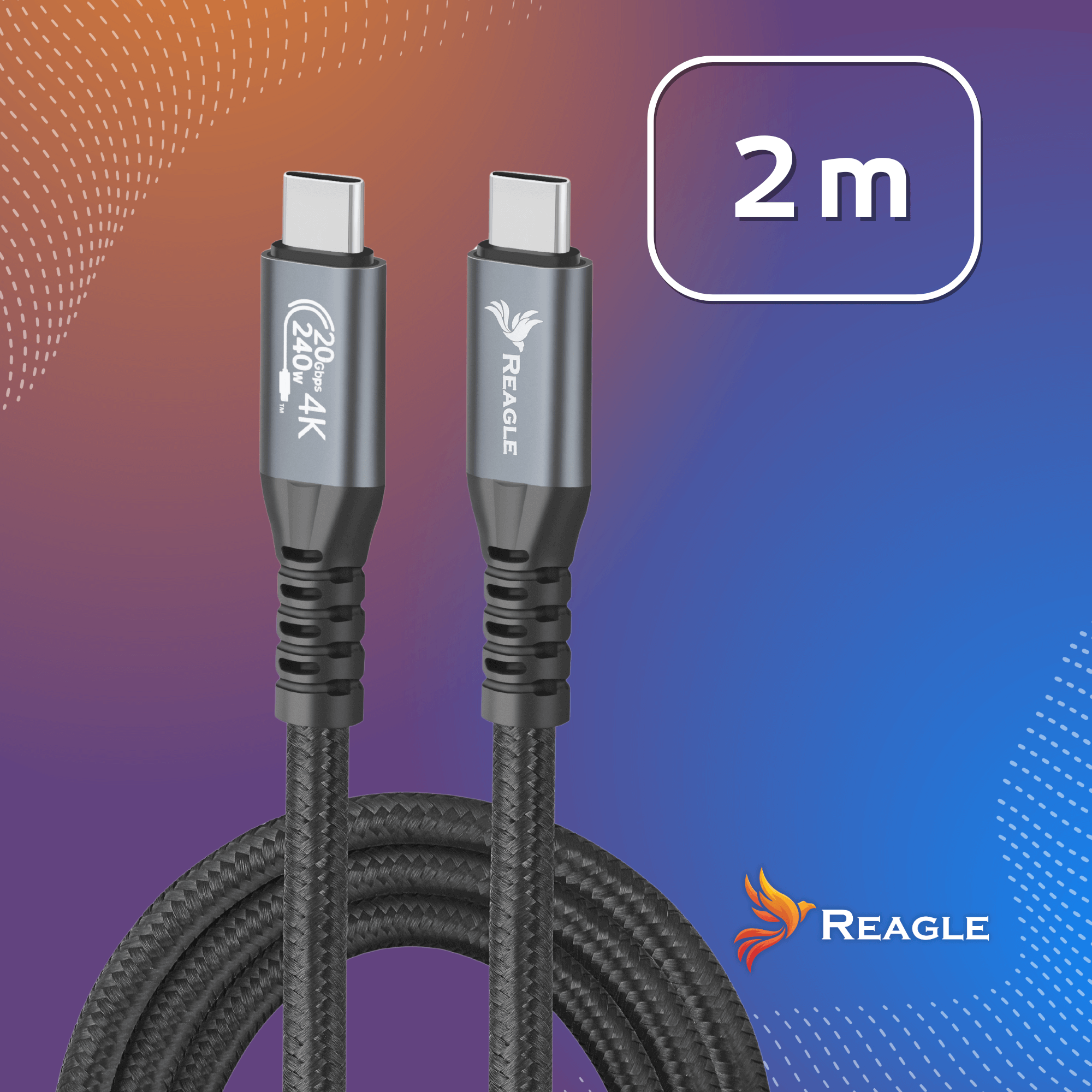 Dwa szare kable USB-C, długość 2m, 240W, 20Gbps 4K.
