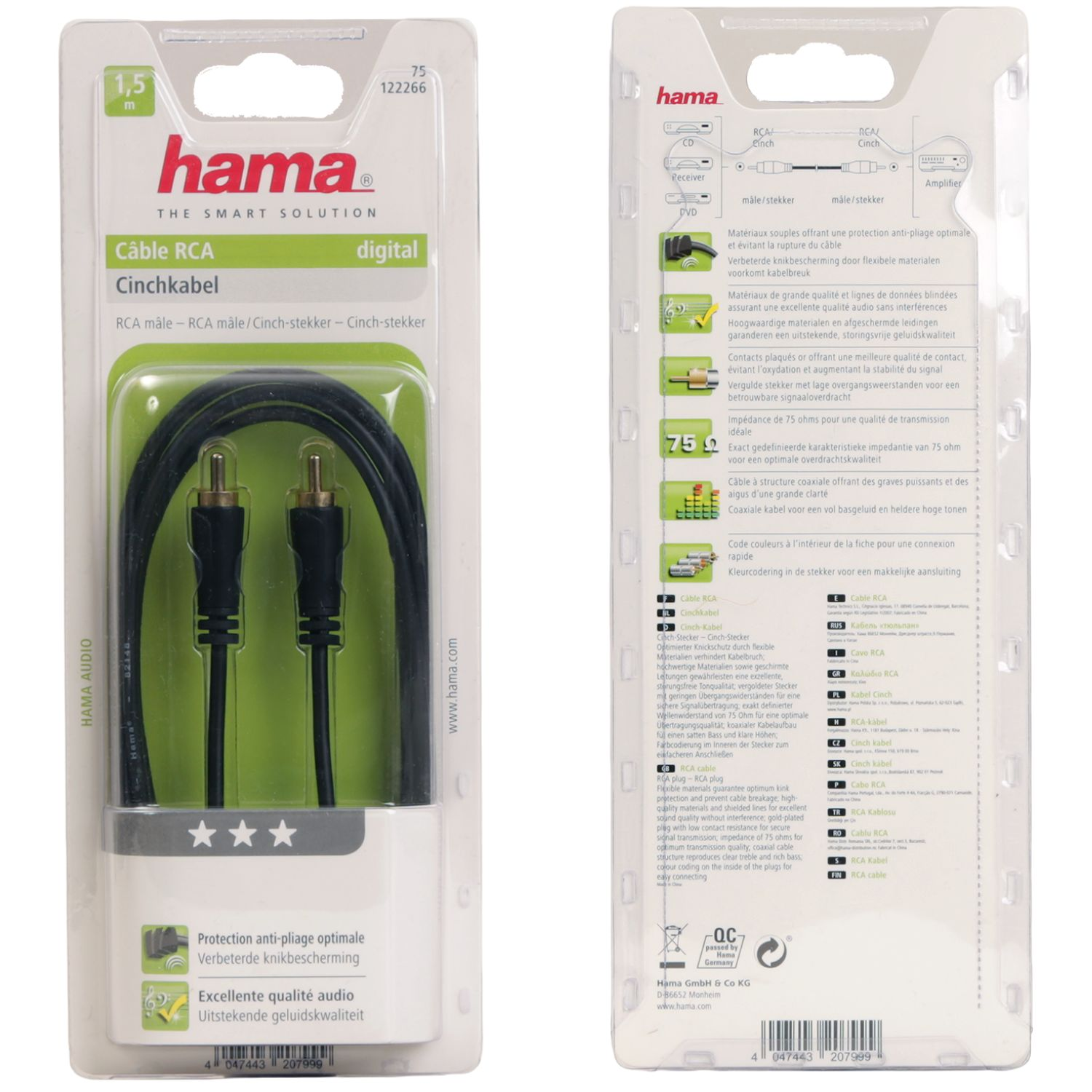 Cavo RCA Hama 1,5m con connettori RCA, ideale per audio/video, con protezione ottimale.