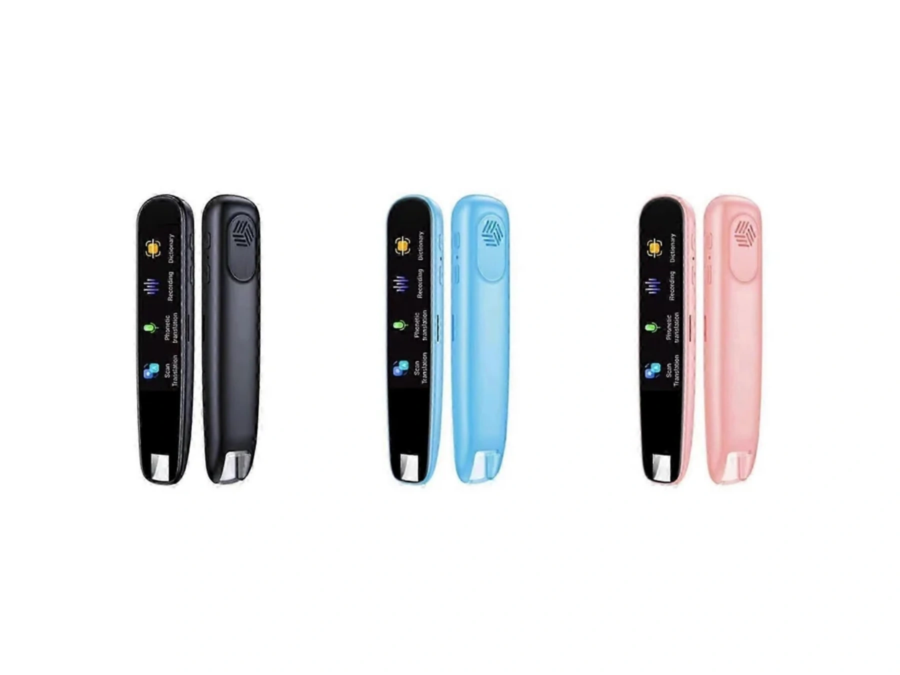 Drei Paar Scanner-Stifte: schwarz, blau und rosa. Mit Displays.