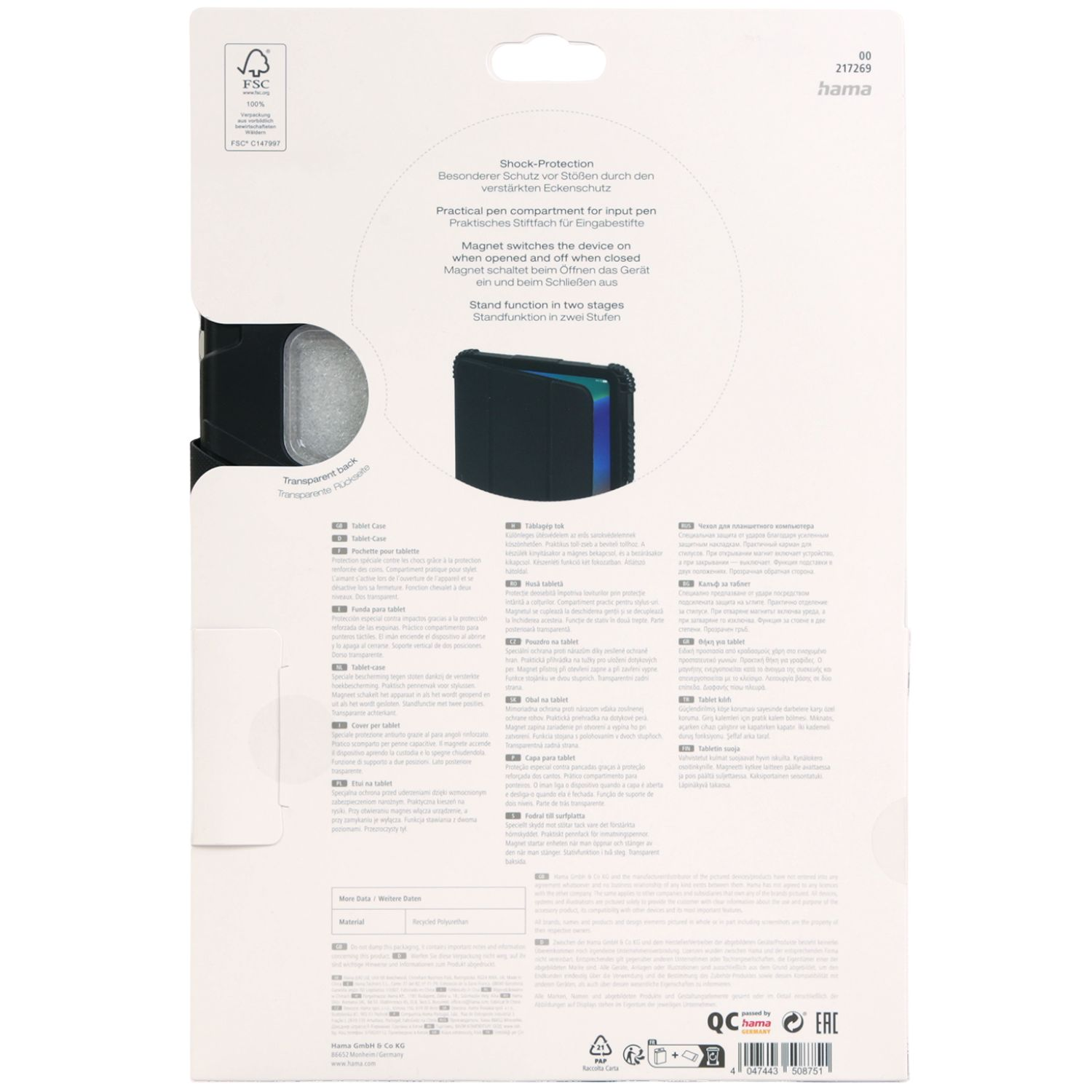 Opakowanie etui na tablet Hama z obrazkami produktu, pieczęcią FSC i informacjami producenta.