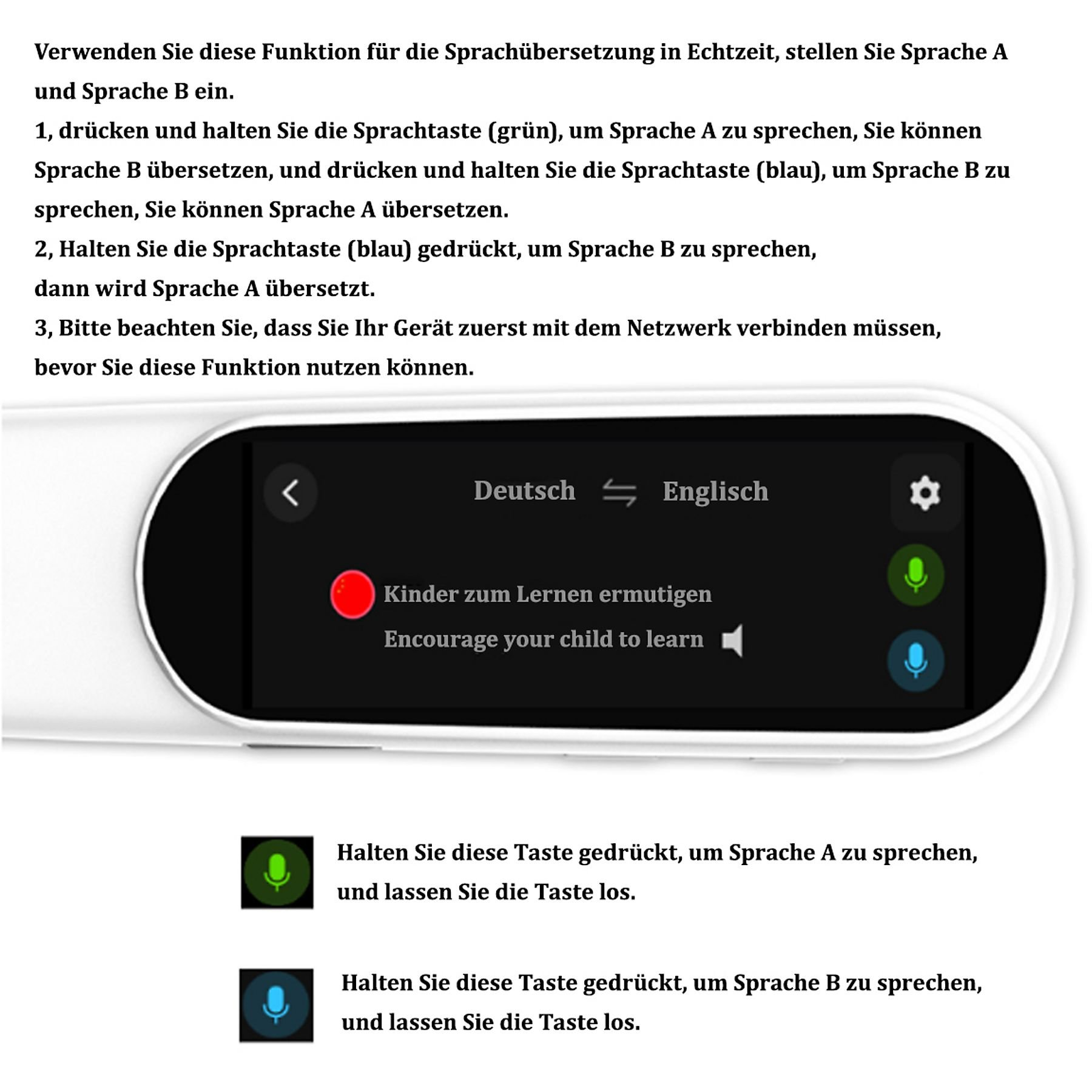 Ein Übersetzergerät mit deutschem und englischem Bildschirm und Mikrofontasten.