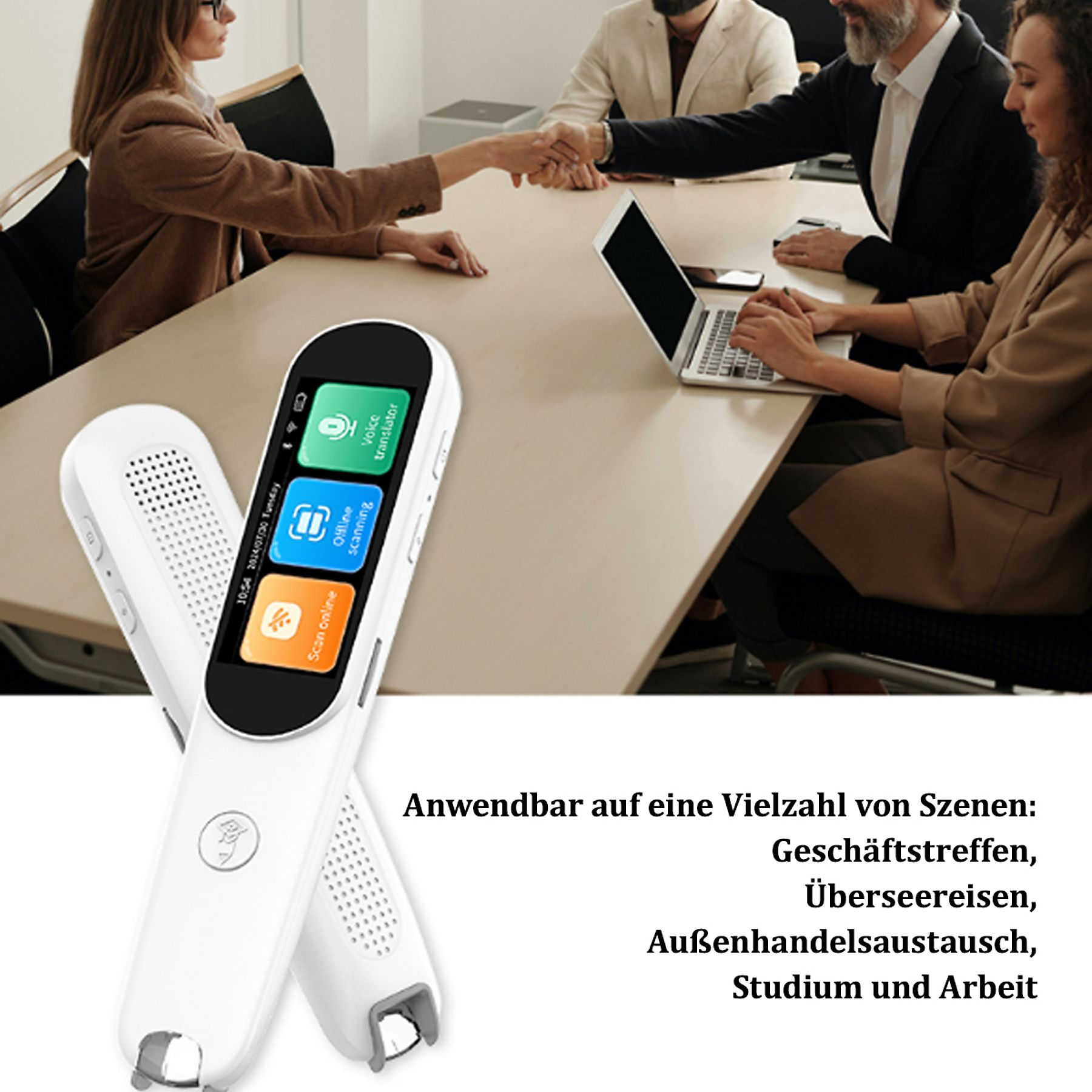 Ein Übersetzerstift mit Touchscreen liegt vor einem Geschäftstreffen.
