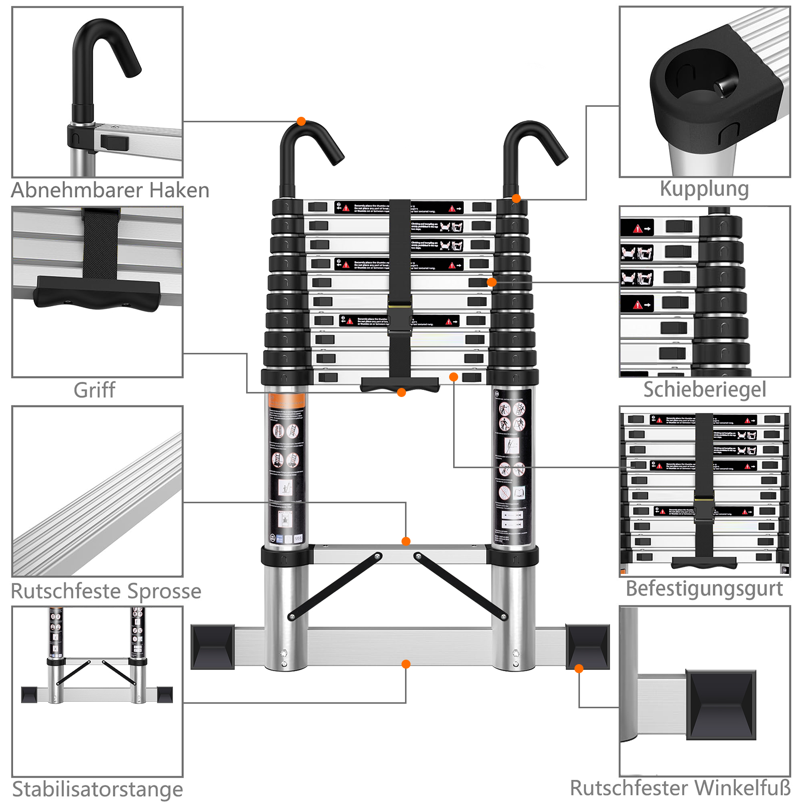 Ausgezogene Aluminiumleiter mit Haken, Griffen, Riegeln und stabilisierenden Füßen.