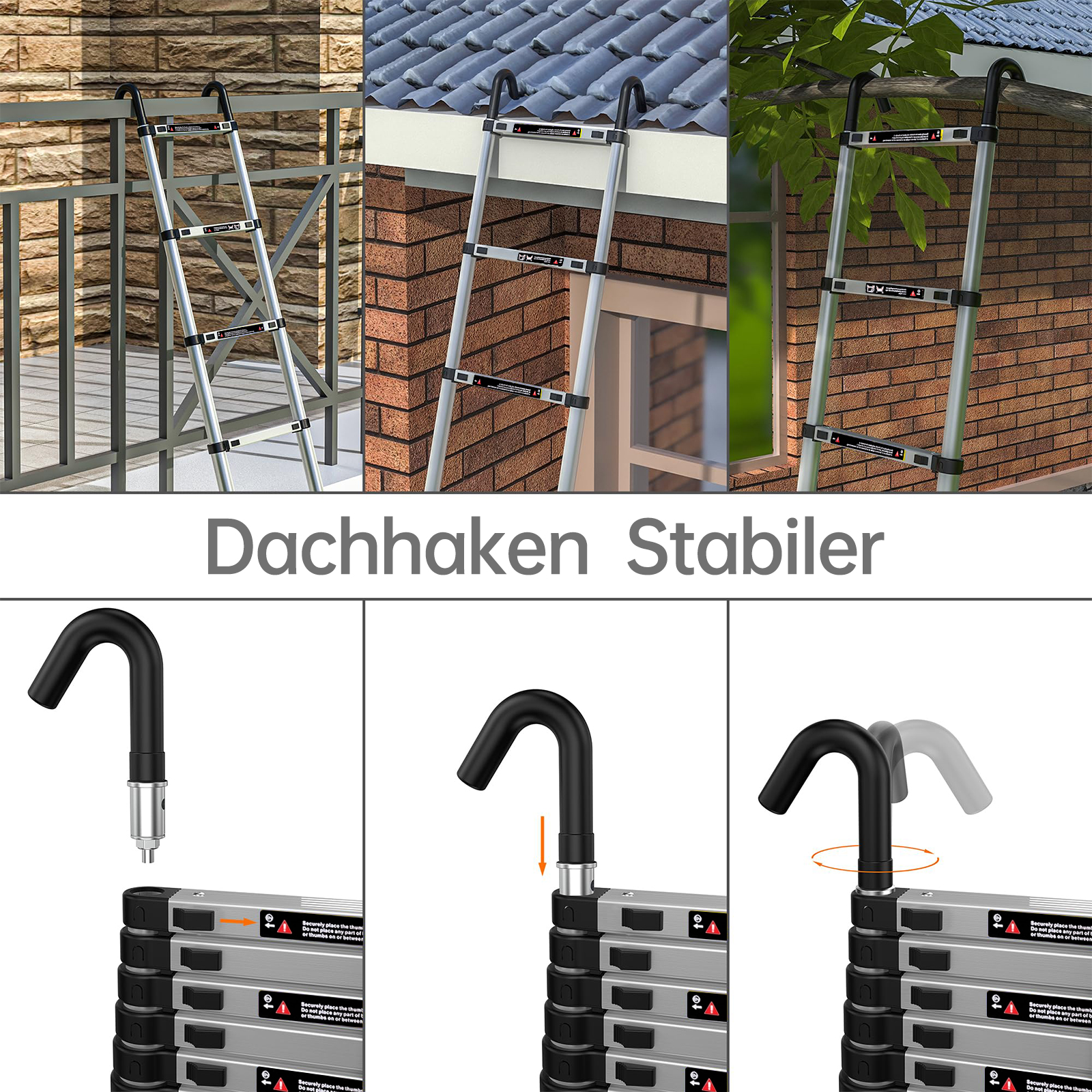 Ein ausziehbarer Hakenleiter mit roten und schwarzen Warnhinweisen.