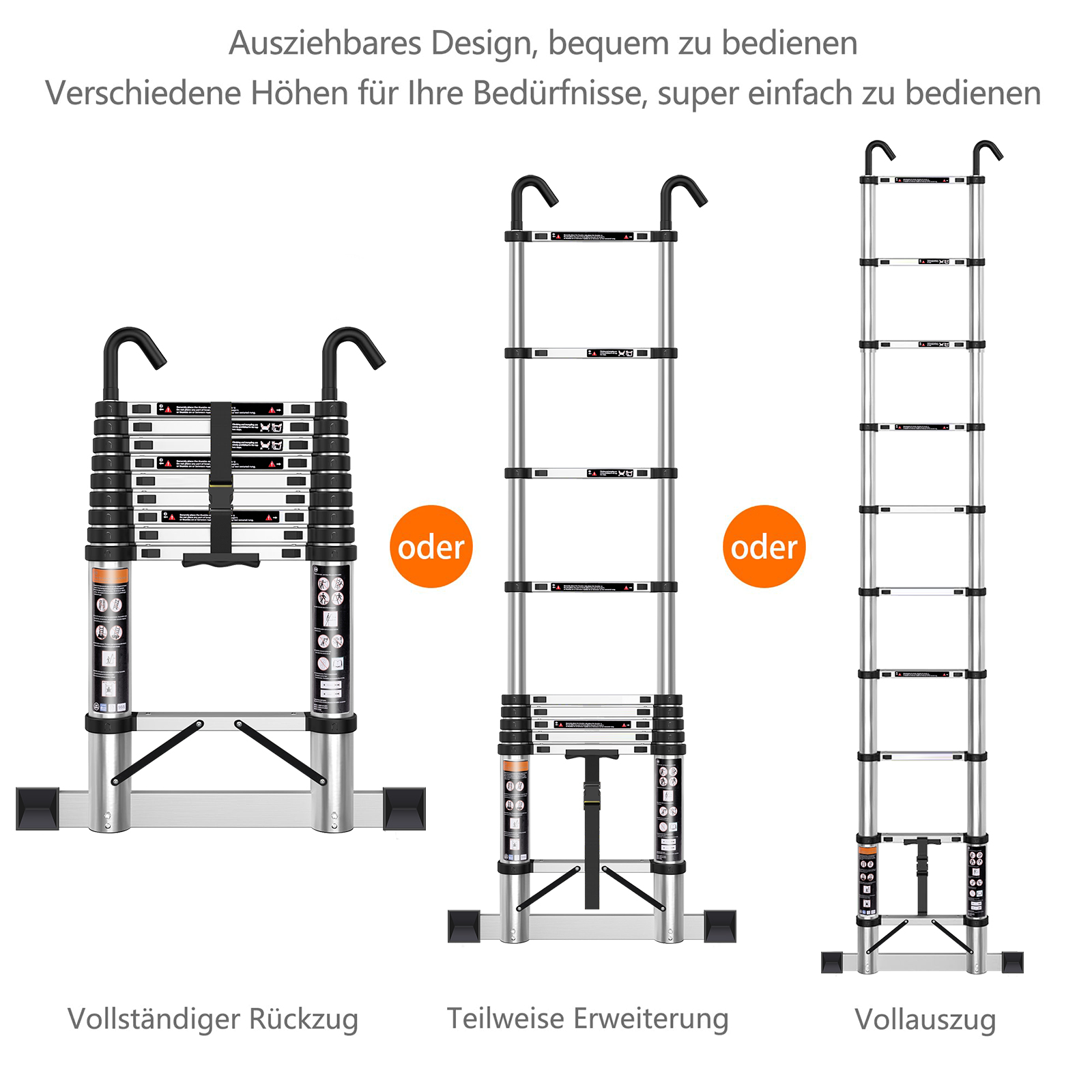 Ausziehbare Leitern in verschiedenen Auszügen: voll eingefahren, teilweise oder ganz ausgefahren.