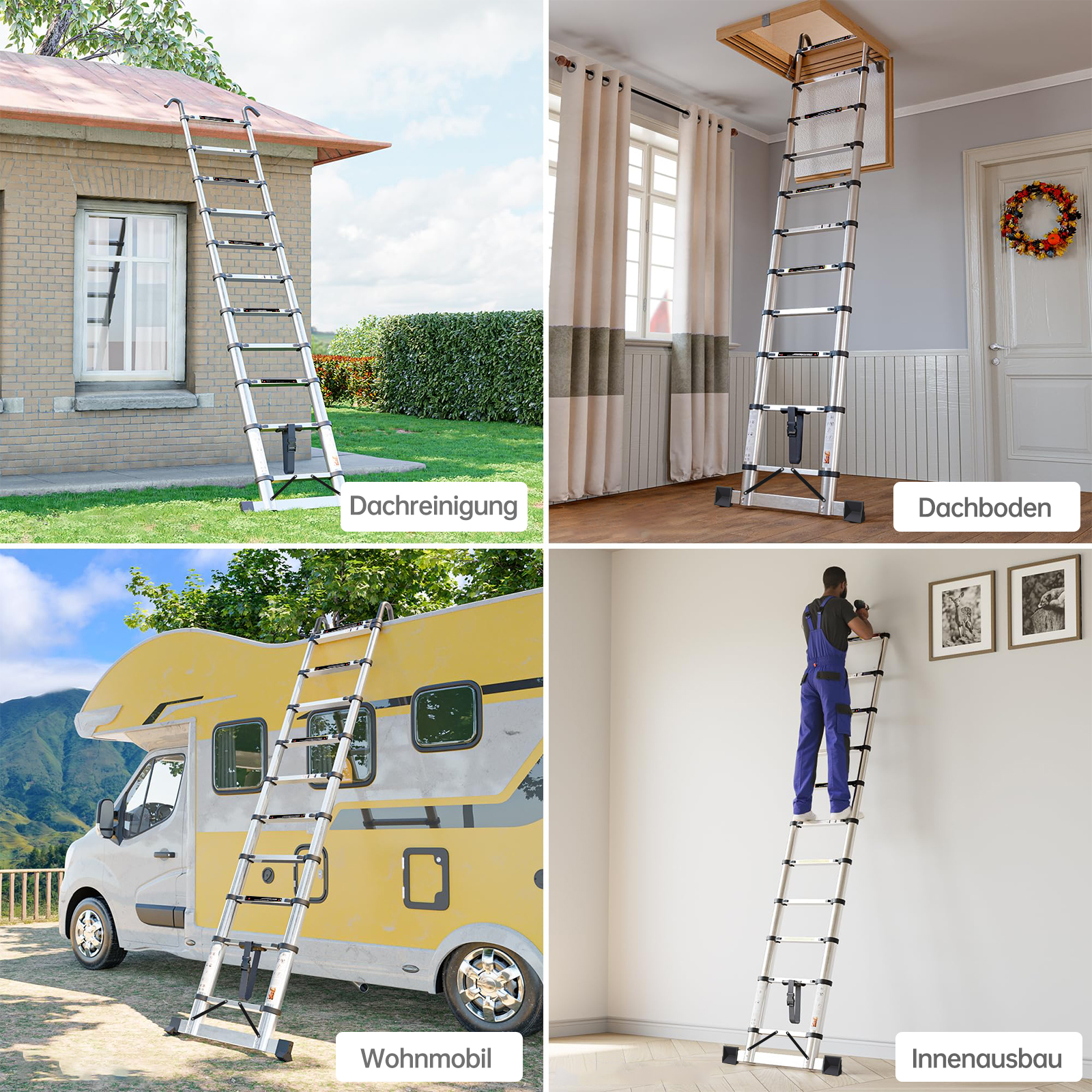 Vier Bilder zeigen Leitern: Dachreinigung, Dachboden, Wohnmobil, Innenausbau.