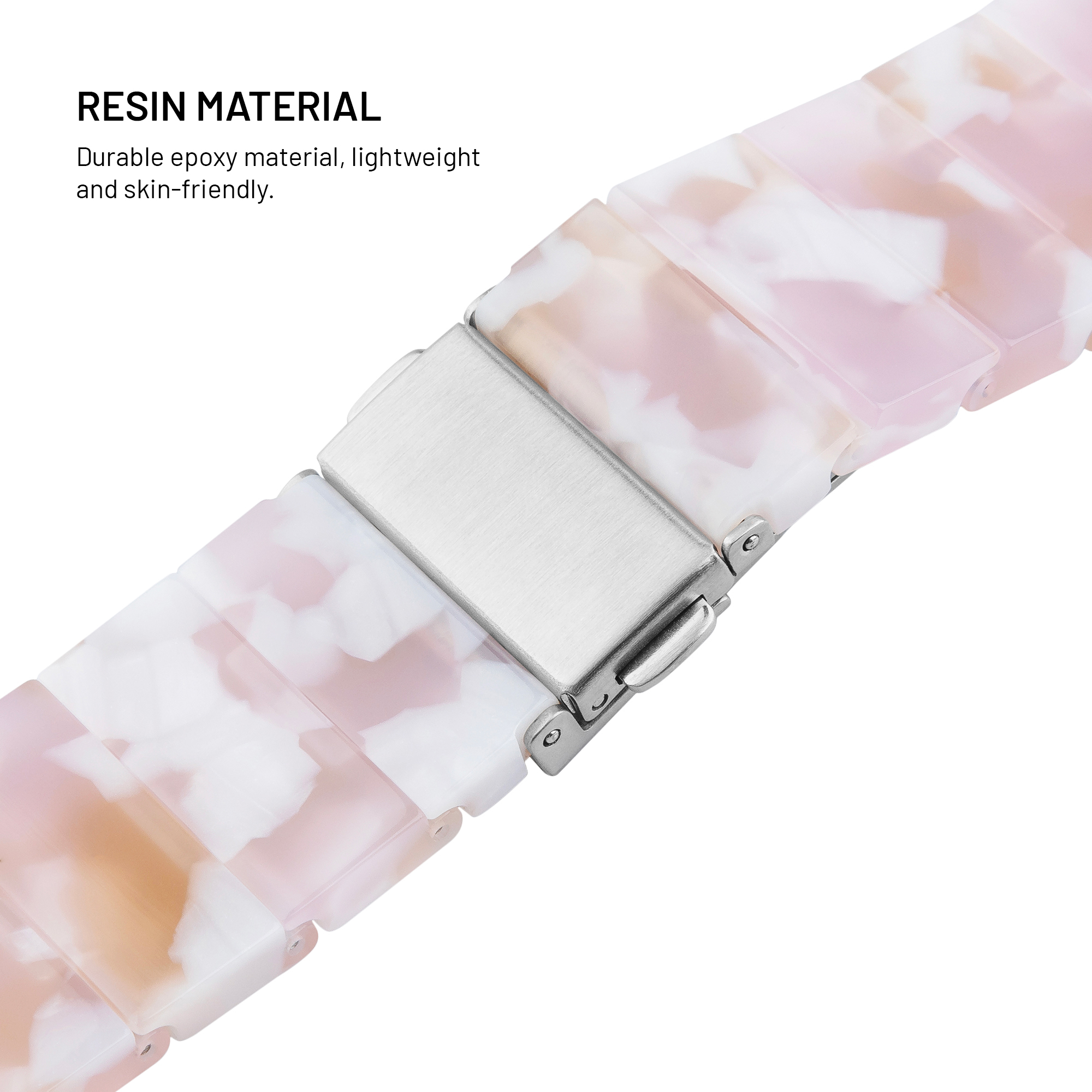 Armband aus Harz mit Marmormuster in Rosa, Weiß und Braun, mit Metallschnalle.