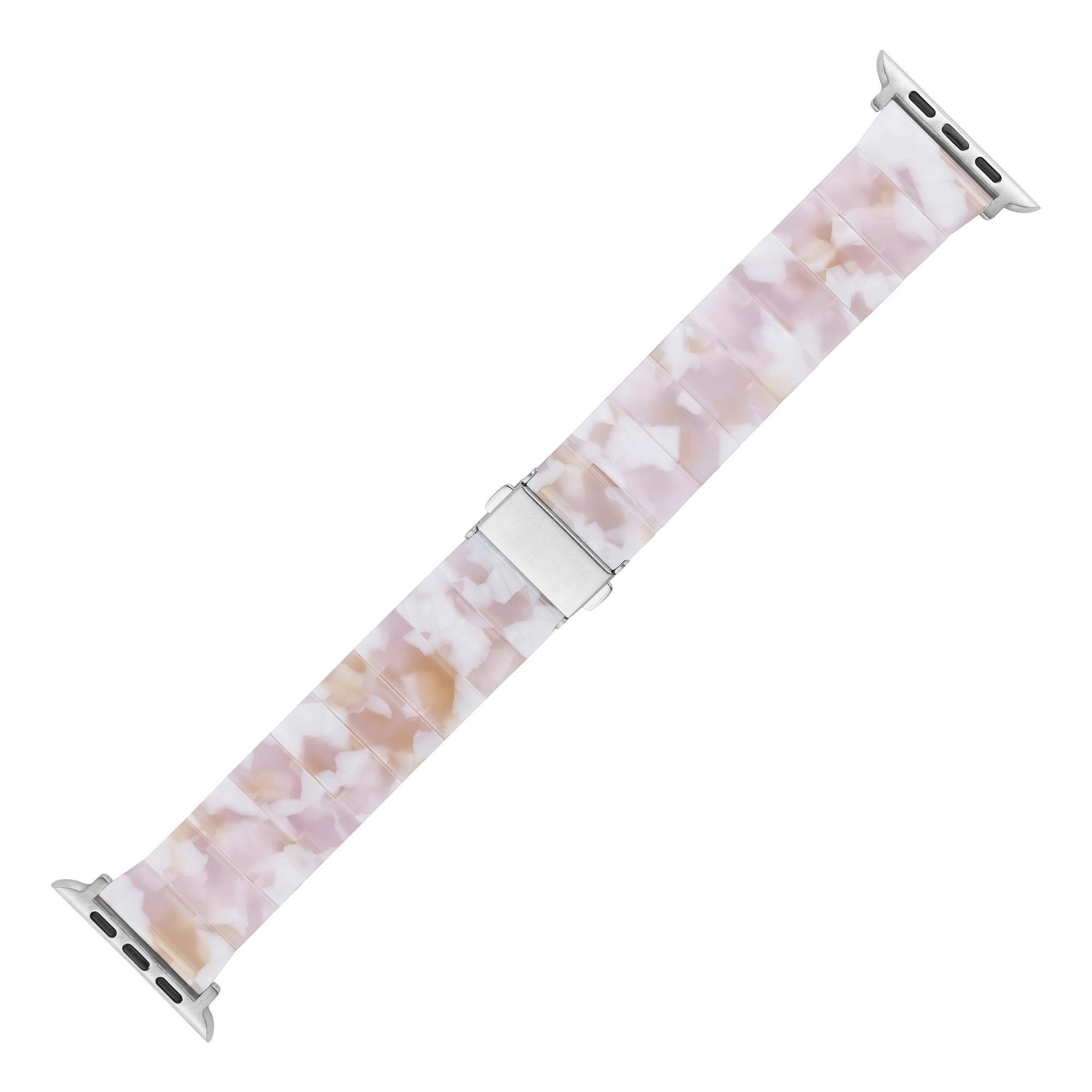 Ein rosa und weiß gemusterter Uhrenarmband mit silbernen Anschlüssen.