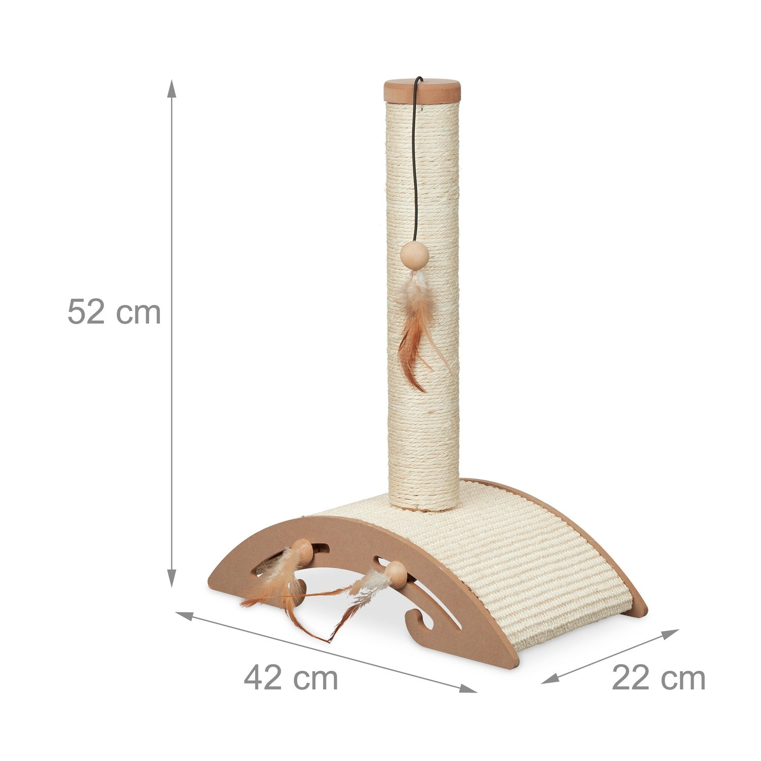 Árbol rascador con poste de cuerda de sisal, base de madera y juguete de plumas.