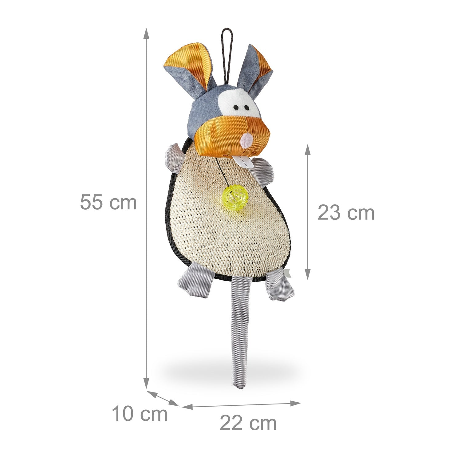 Un rascador para gatos con forma de conejo, beige-gris con bola amarilla.