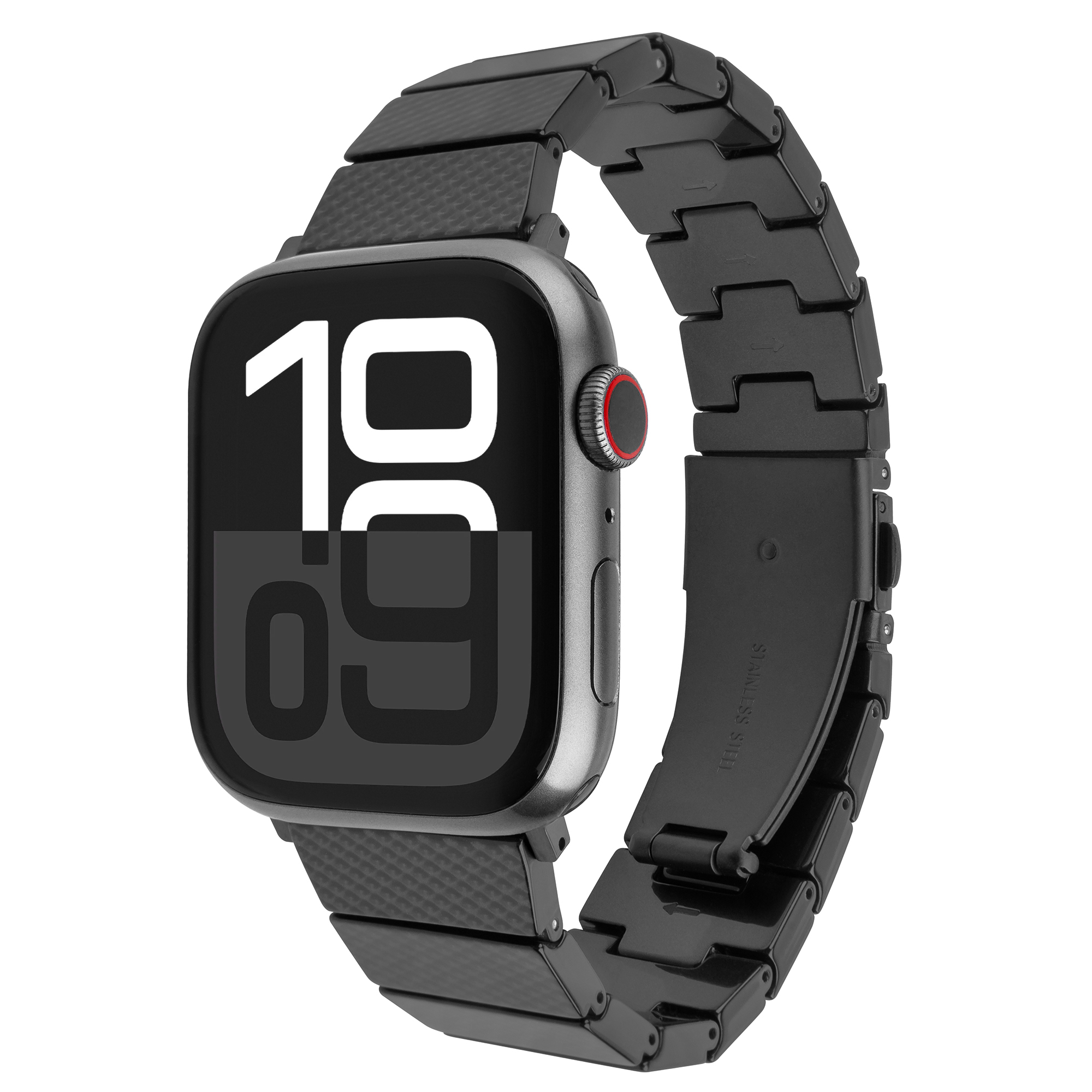 Eine graue Smartwatch mit einem schwarzen Metallarmband und digitaler Zeitanzeige.