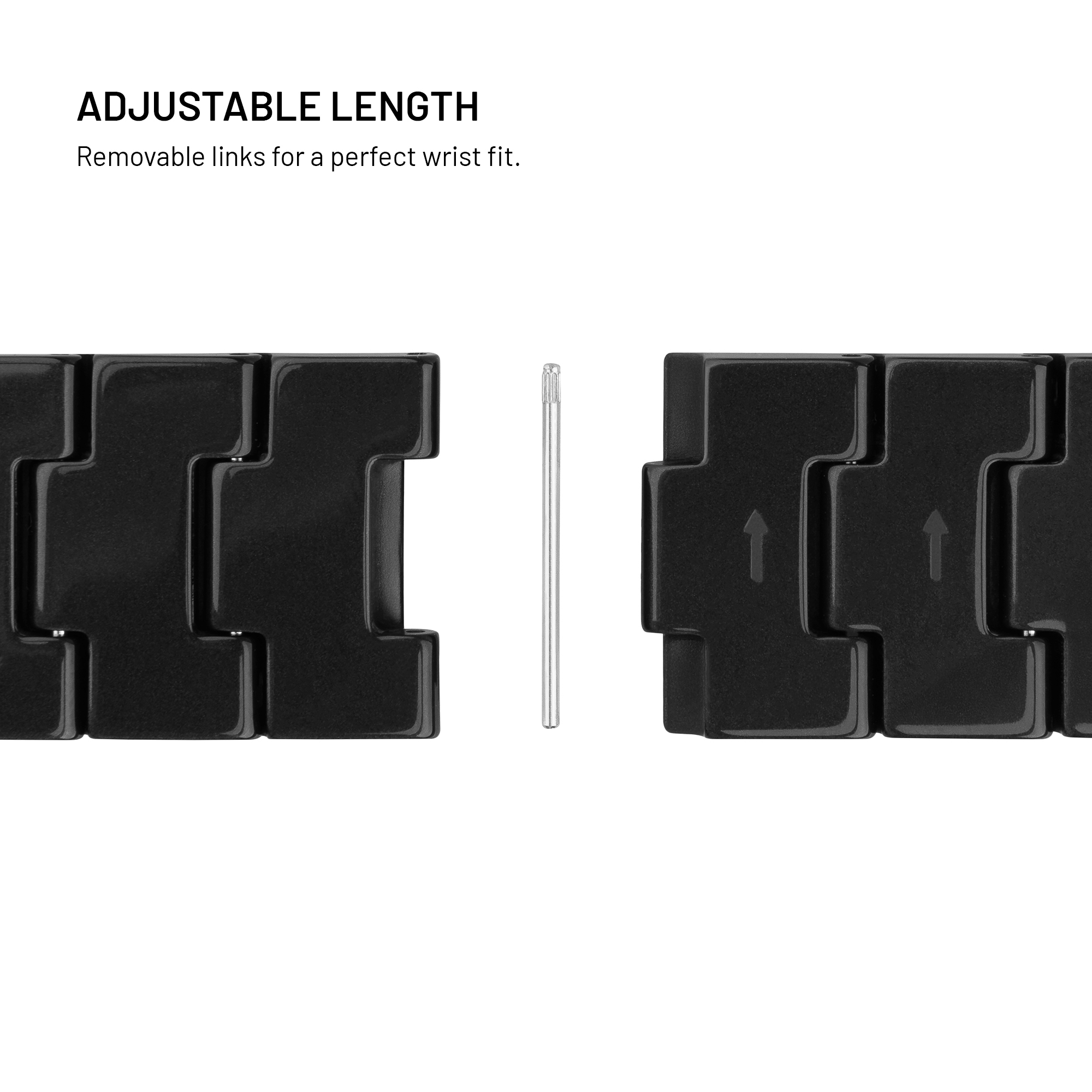 Schwarze Uhrarmband-Glieder und ein silberner Stift auf weißem Hintergrund.