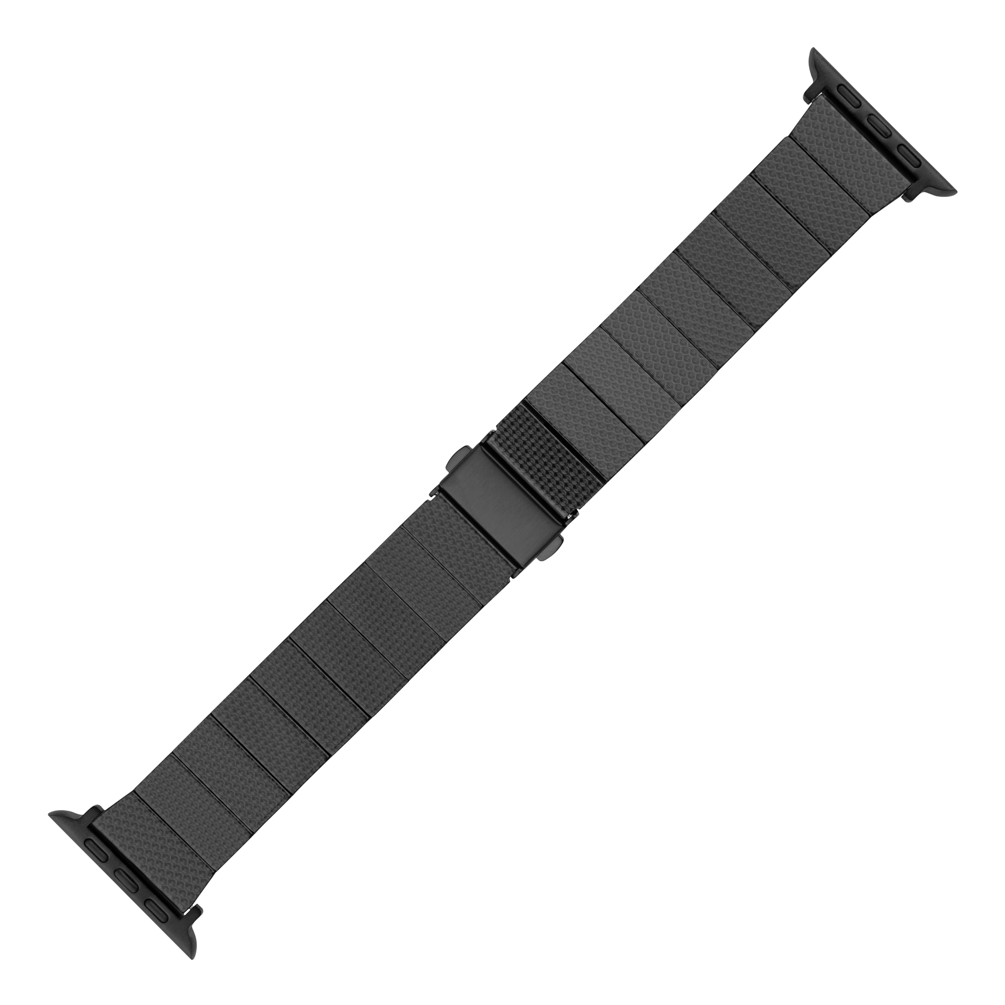 Ein schwarzes, texturiertes Armband für eine Smartwatch, das sich diagonal erstreckt.