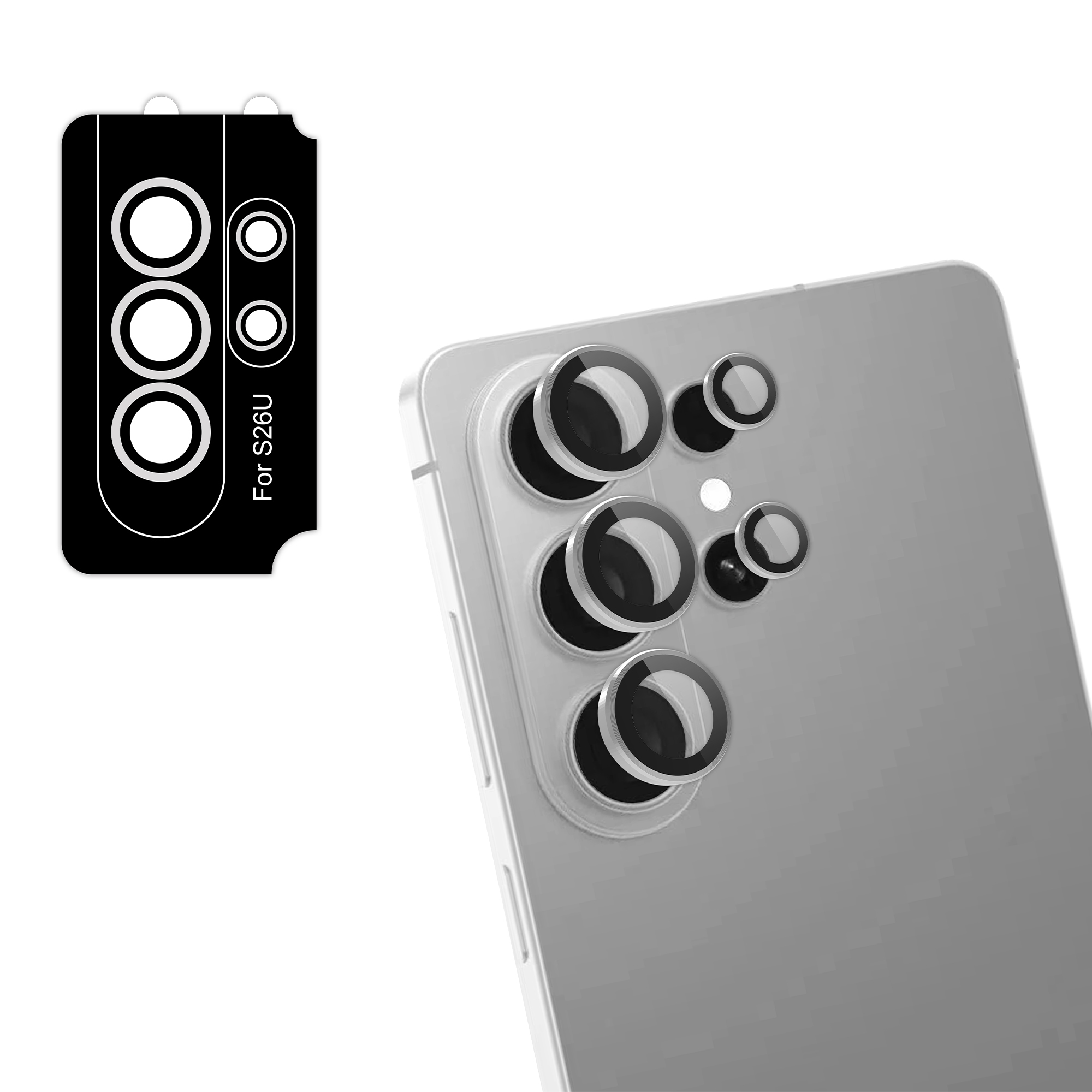 Beschermfolie voor cameralens en een zilveren smartphone met cameralenzen.