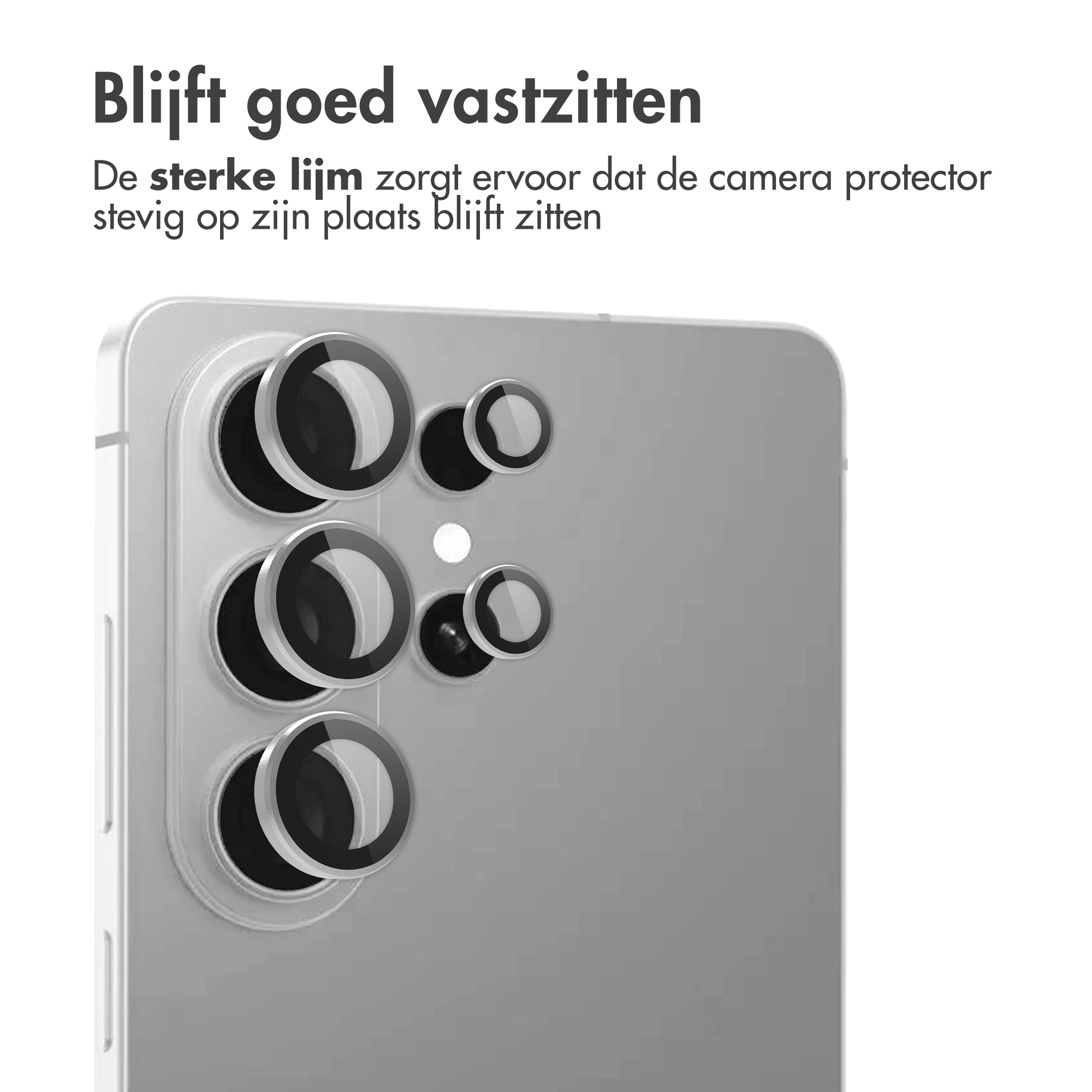 Caches d'objectif protecteurs sur le bloc caméra d'un smartphone argenté.