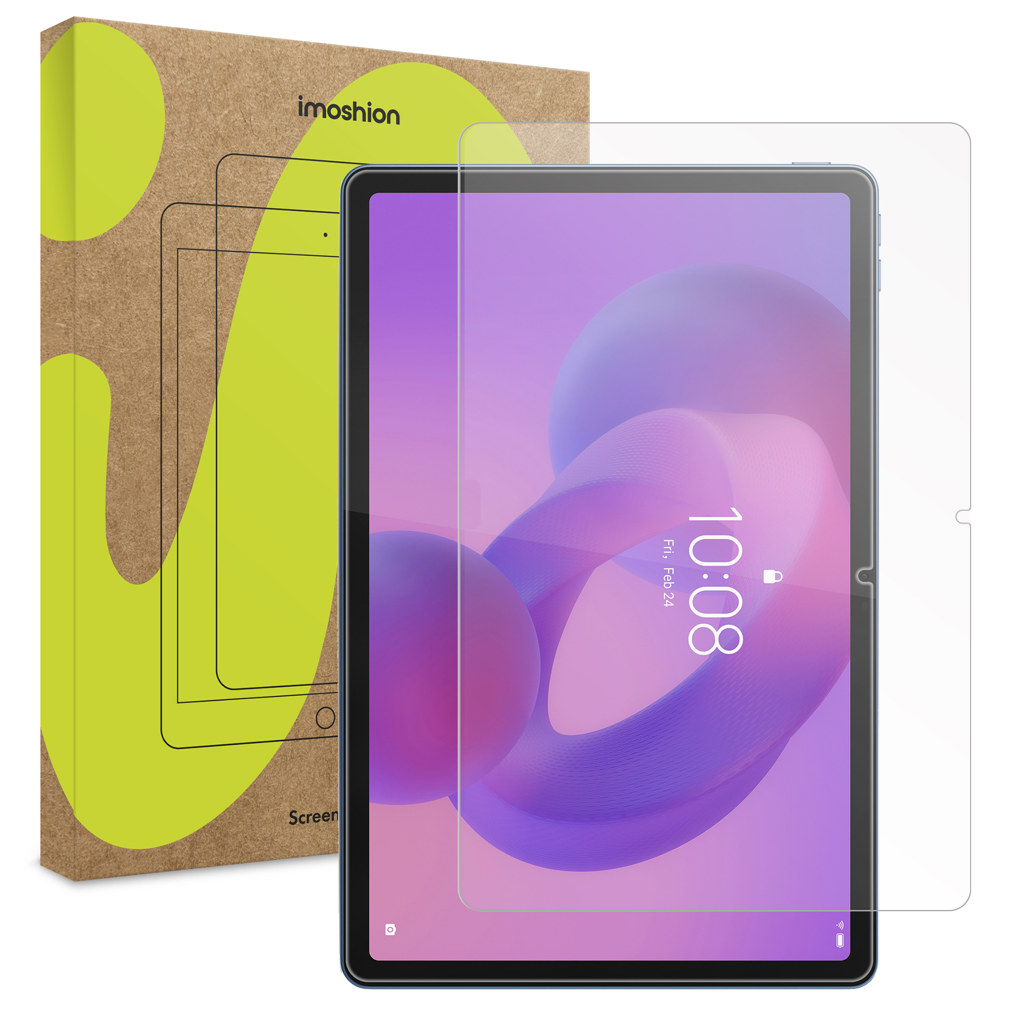 Een tablet met een screenprotector en verpakking. De tijd is 10:08.