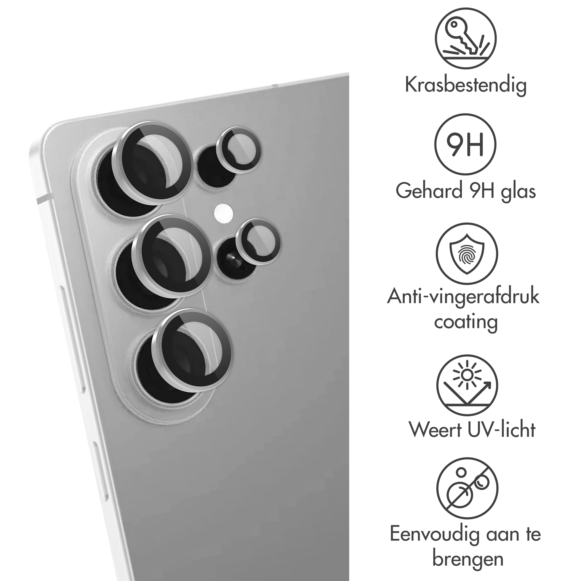 Achterkant van een smartphone met cameralensbeschermers en krasbestendigheid-iconen.
