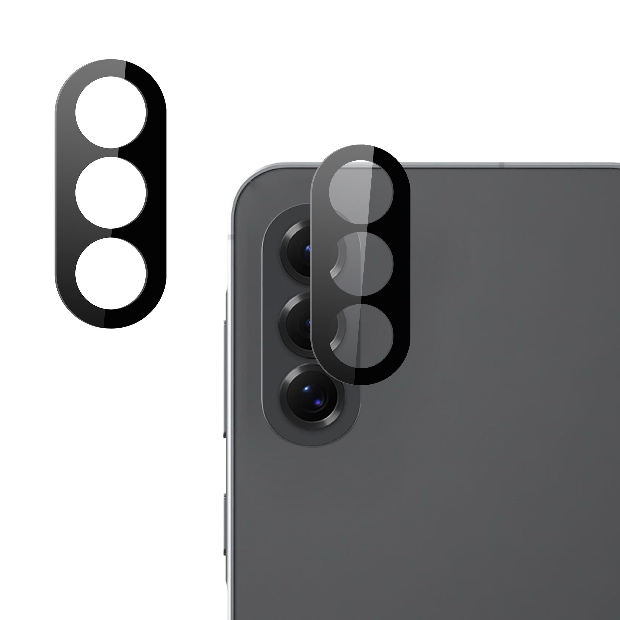 Zwarte cameralensbeschermer voor smartphone met drie lenzen.