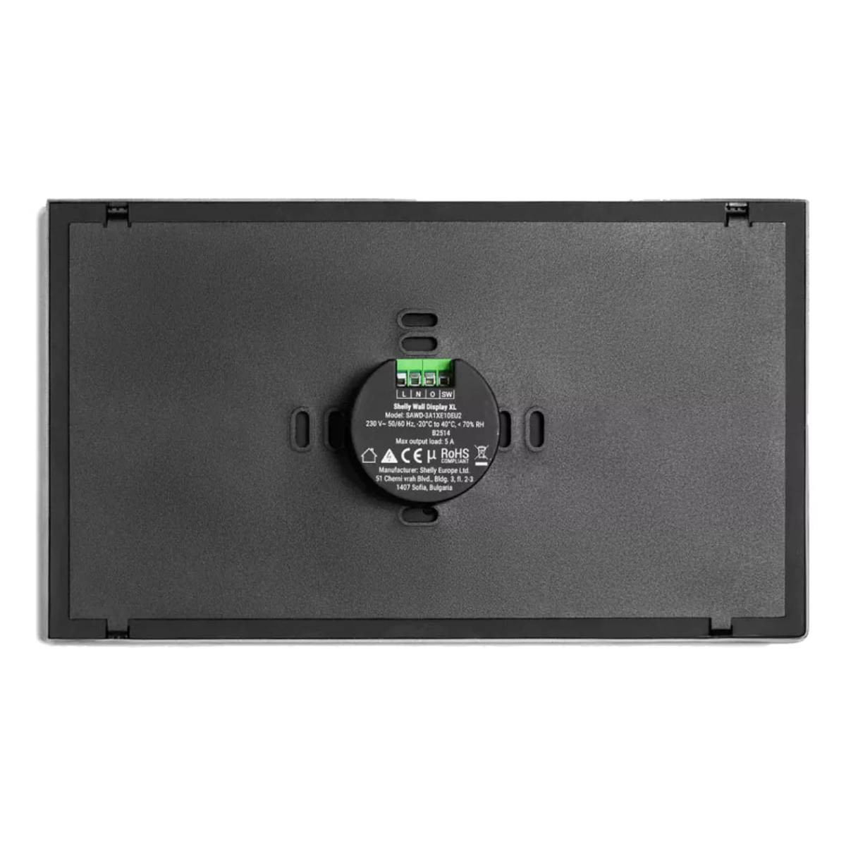 Tył czarnego Shelly Wall Display XL ze szczegółami technicznymi.