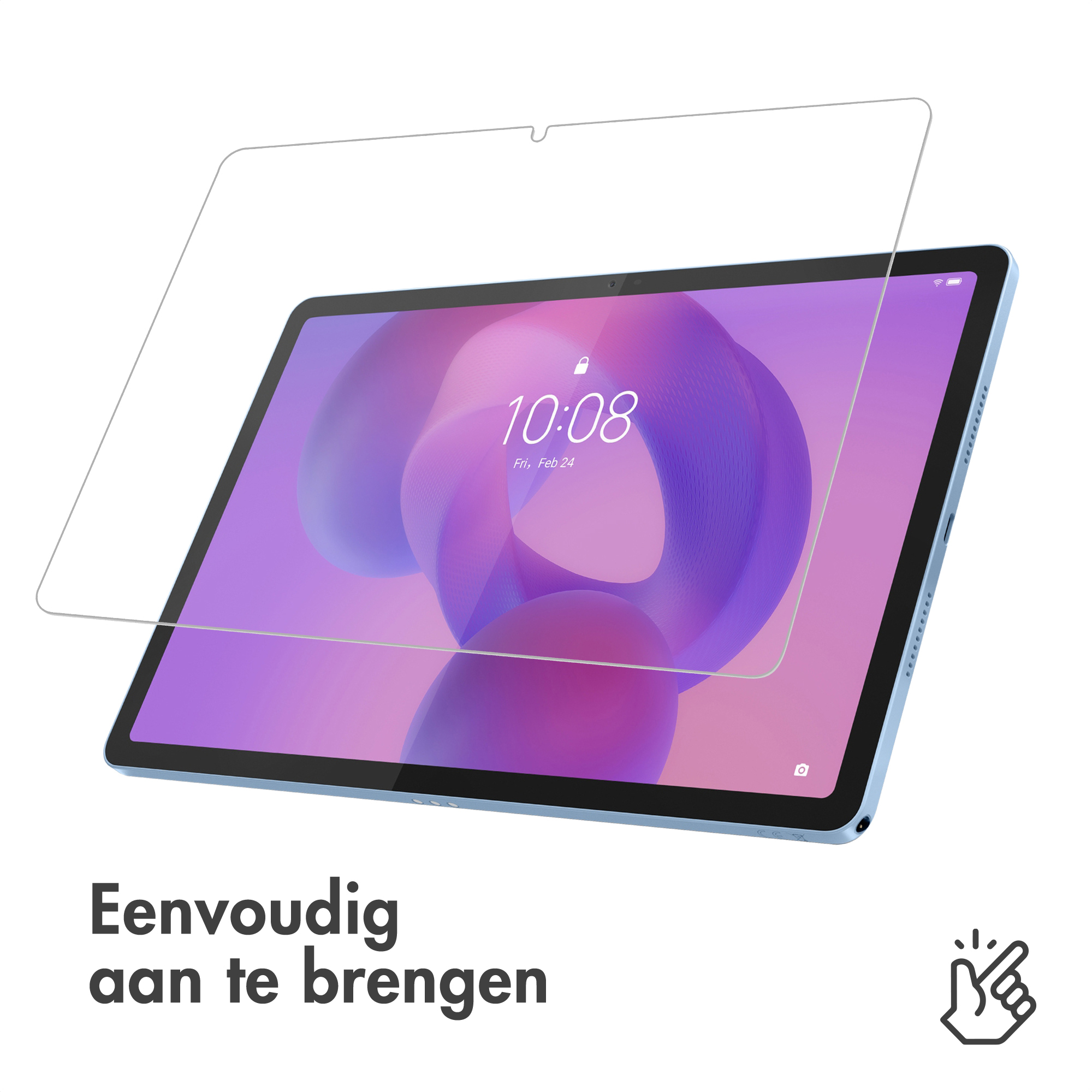 Een screenprotector voor een lichtblauwe tablet met paars behang.