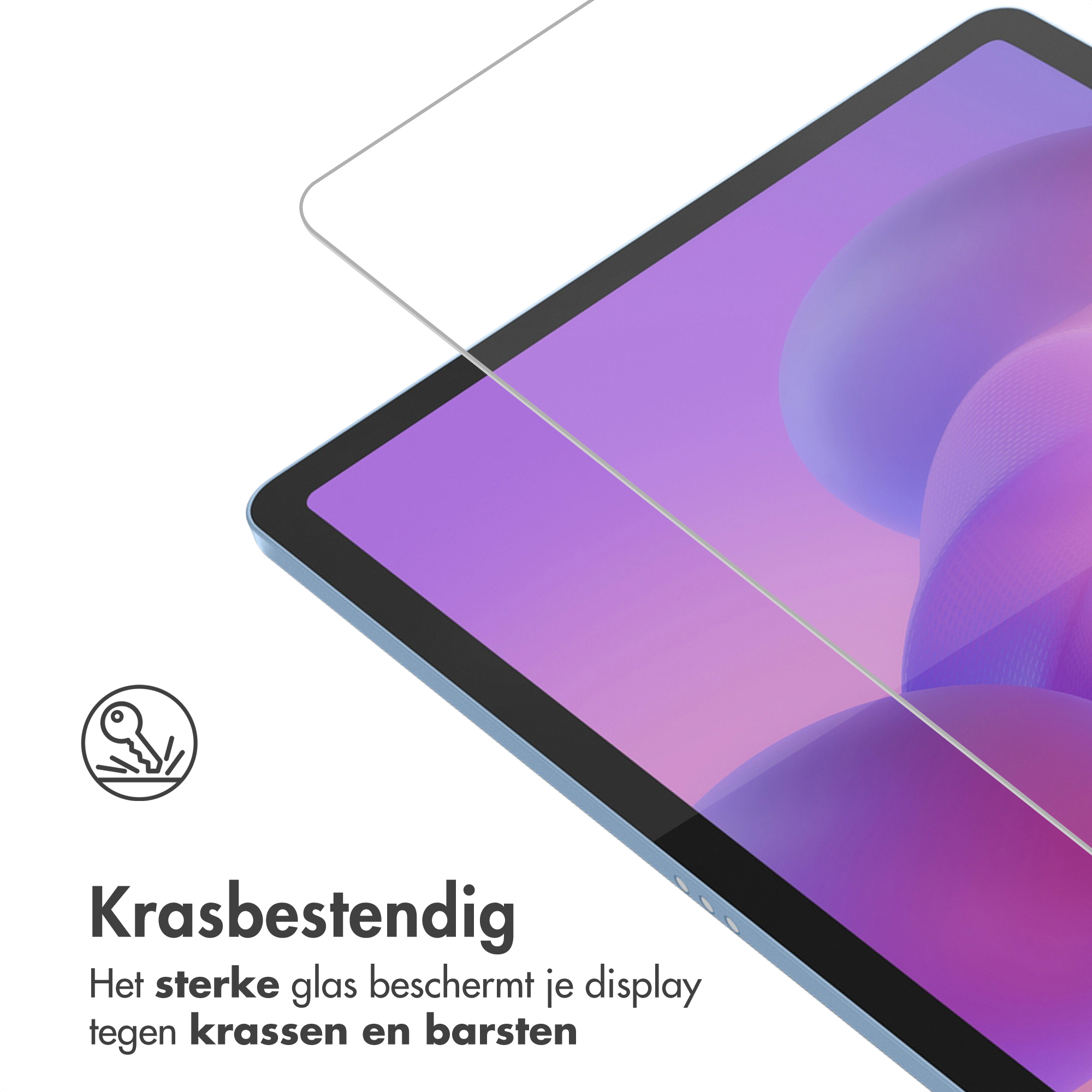 Een tablet met screenprotector, die krasbescherming symboliseert.