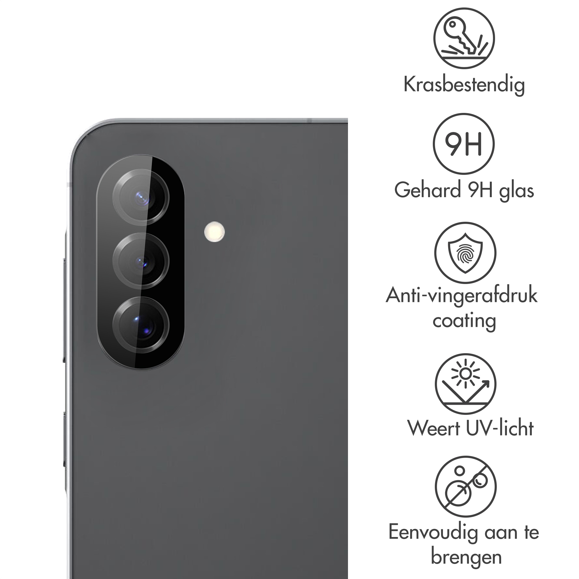 Achterkant smartphone met drie camera's en iconen voor krasbestendigheid.