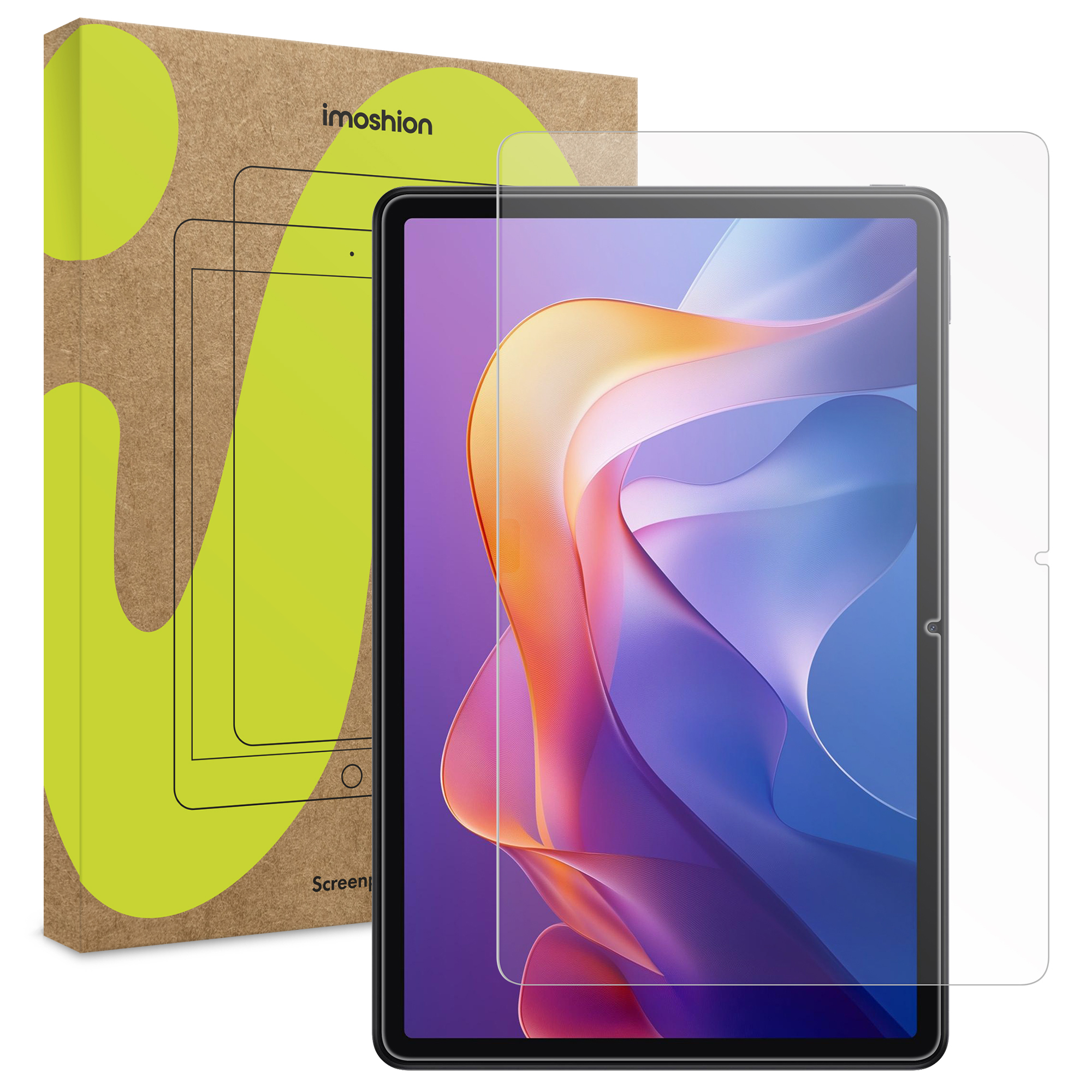 Tablet met schermprotector en verpakking. Groene en bruine verpakking.
