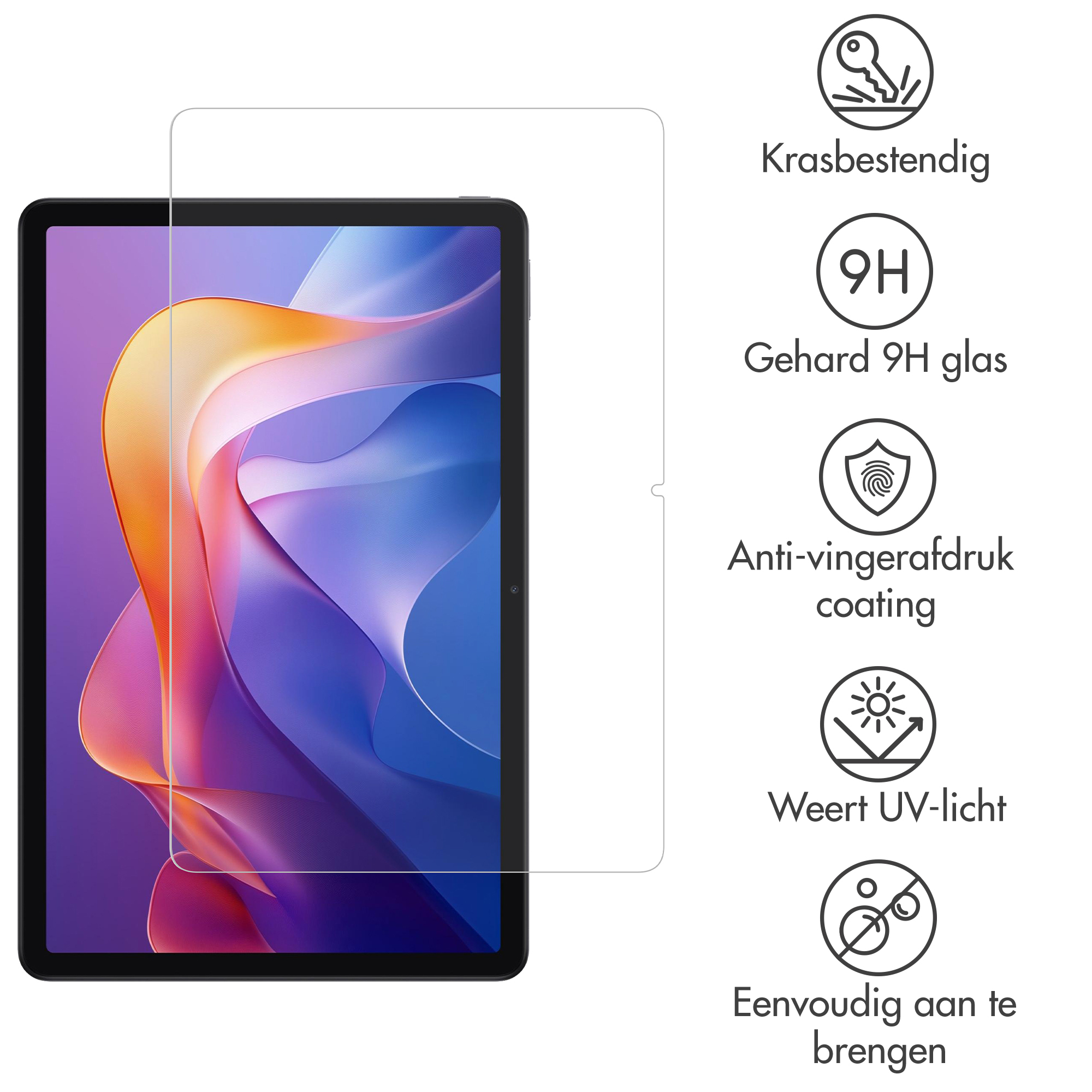 Tabletscherm protector met iconen: krasbestendig, 9H hardheid, anti-vingerafdruk.