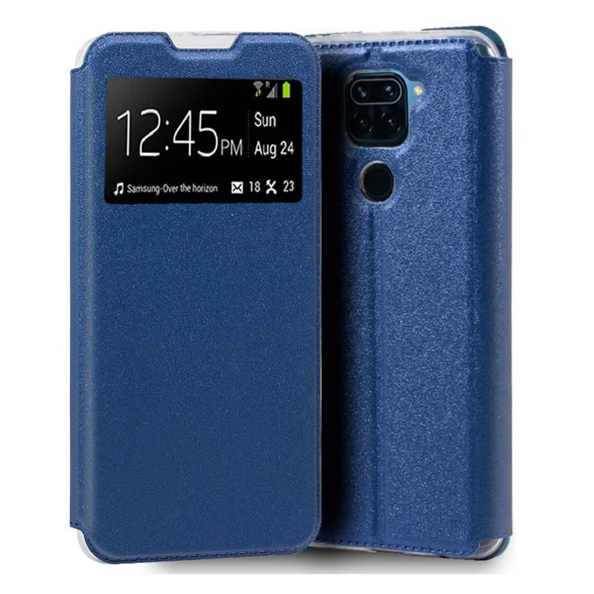 Custodia blu scuro per telefono con finestra e foro per fotocamera sul retro.