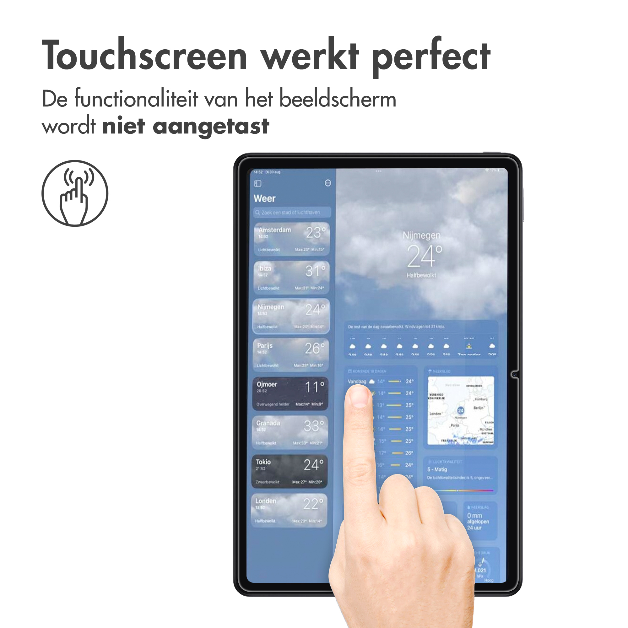 Een tablet toont een weer-app met temperaturen voor Amsterdam, Ibiza, Nijmegen en Parijs.
