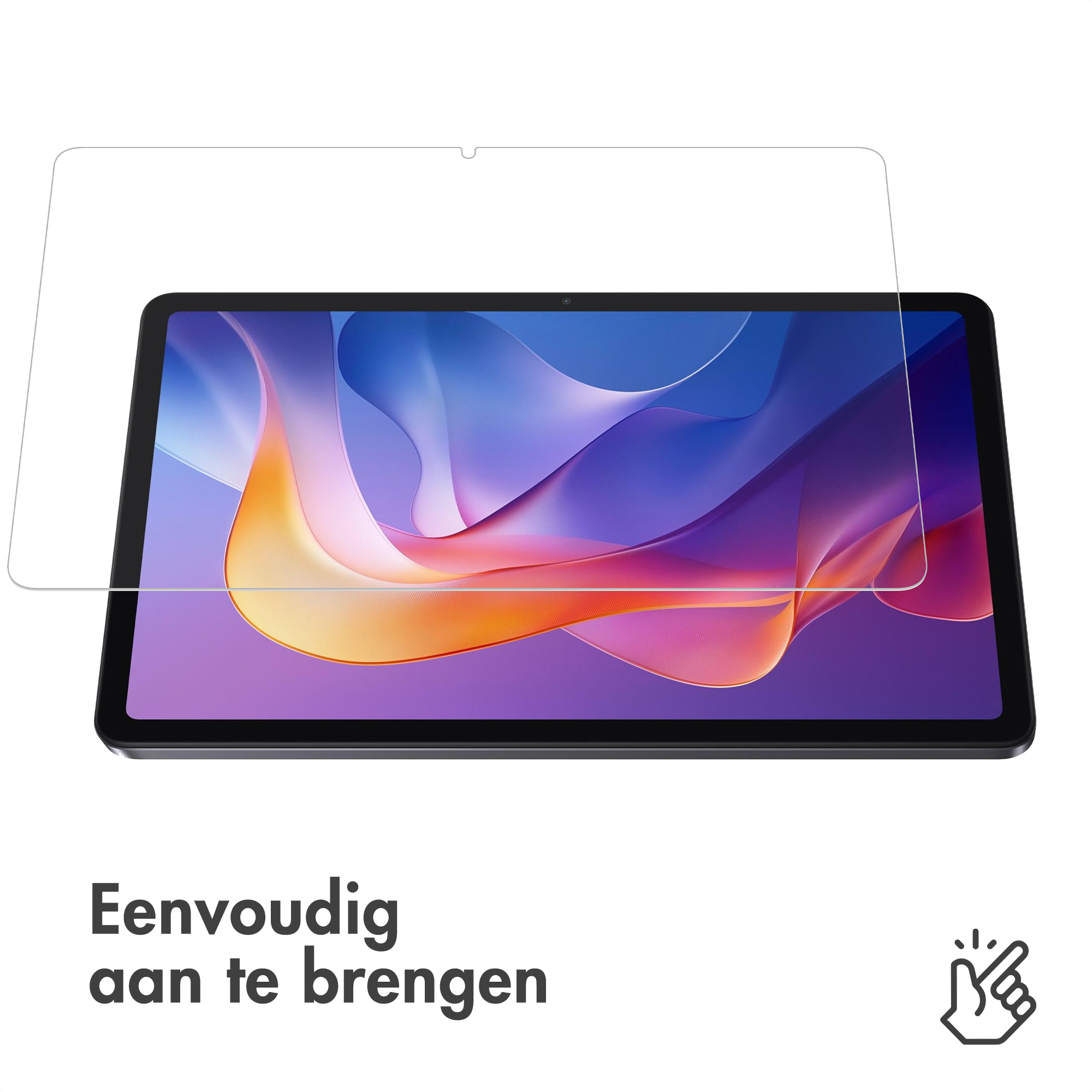 Screenprotector op tablet met abstracte achtergrond en tekst.