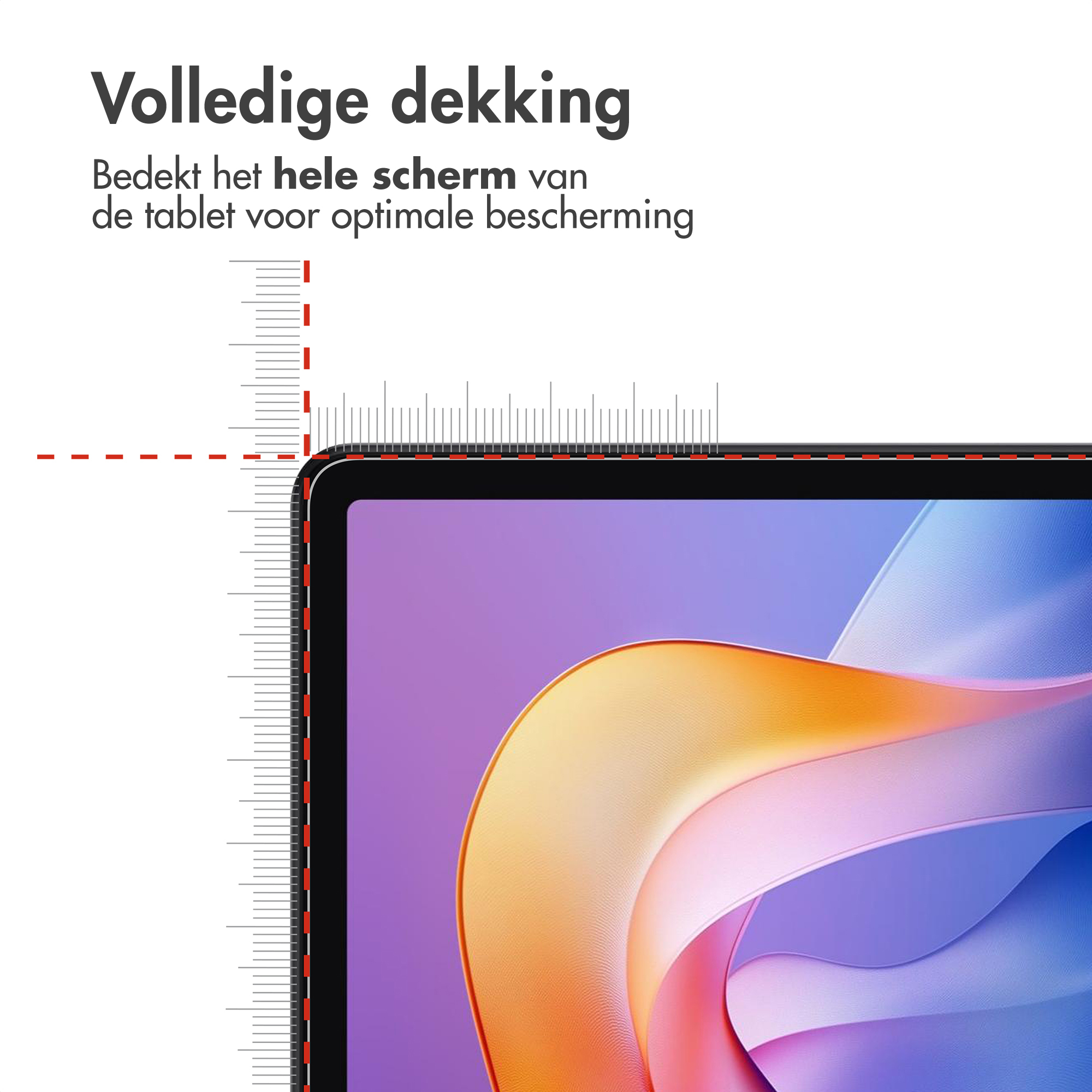 Een tabletscherm met een abstracte, kleurrijke achtergrond en meetinstrumenten.