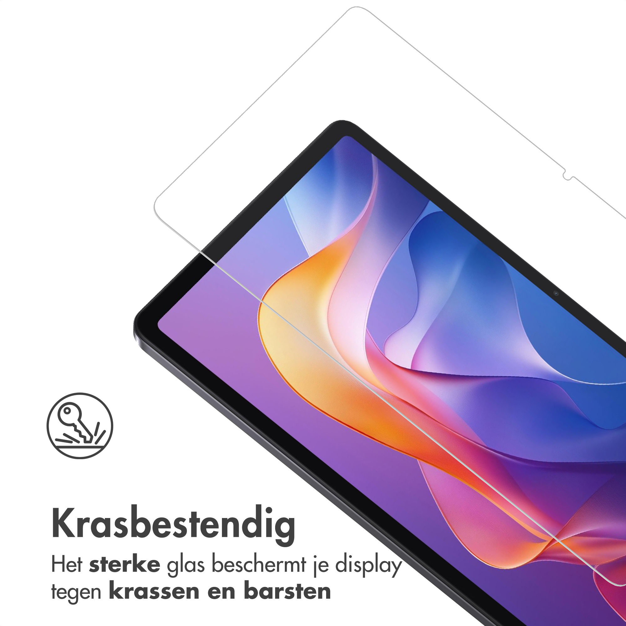 Een screenprotector ligt op een tablet met kleurrijke achtergrond.