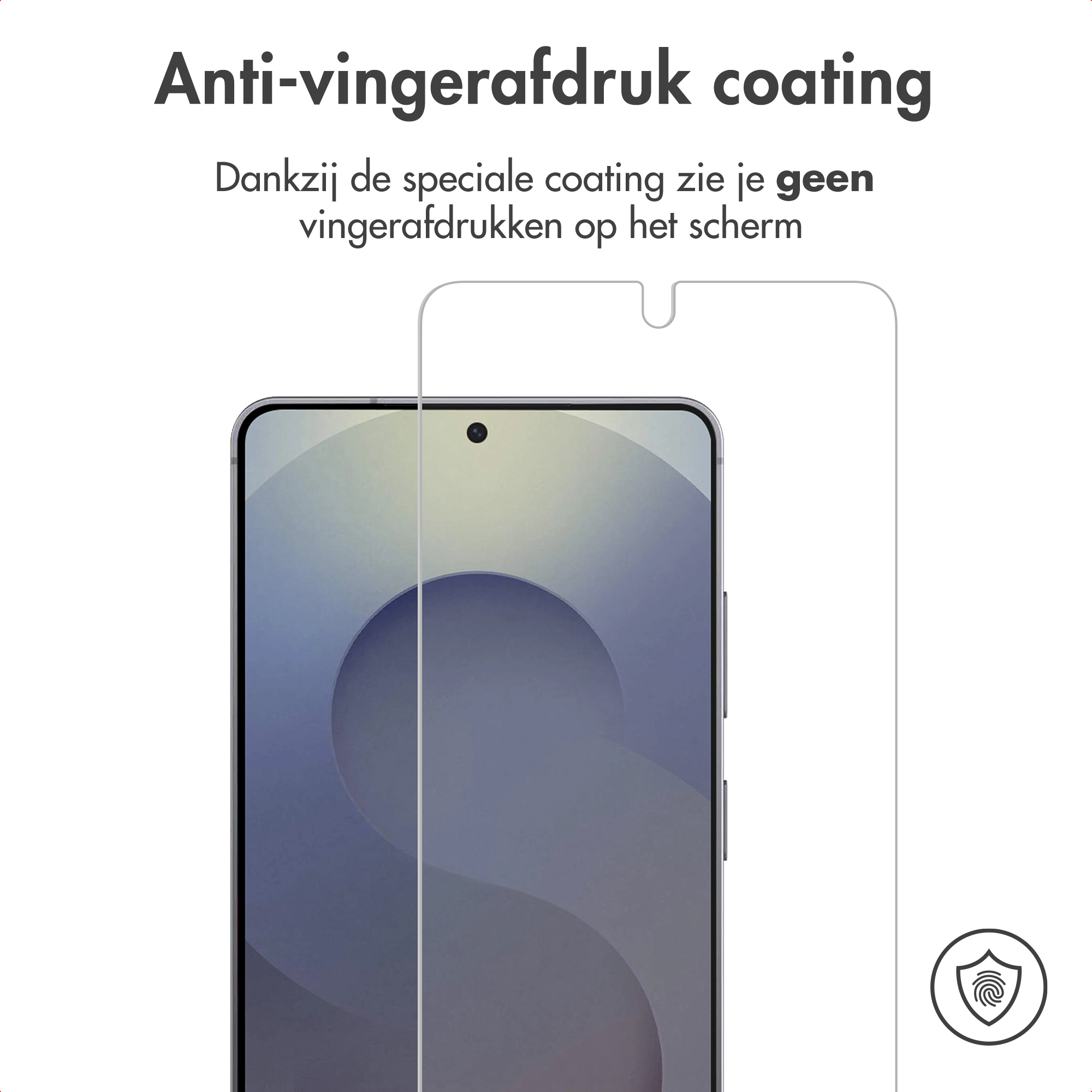 Telefoon screenprotector met anti-vingerafdruk coating en een icoon.