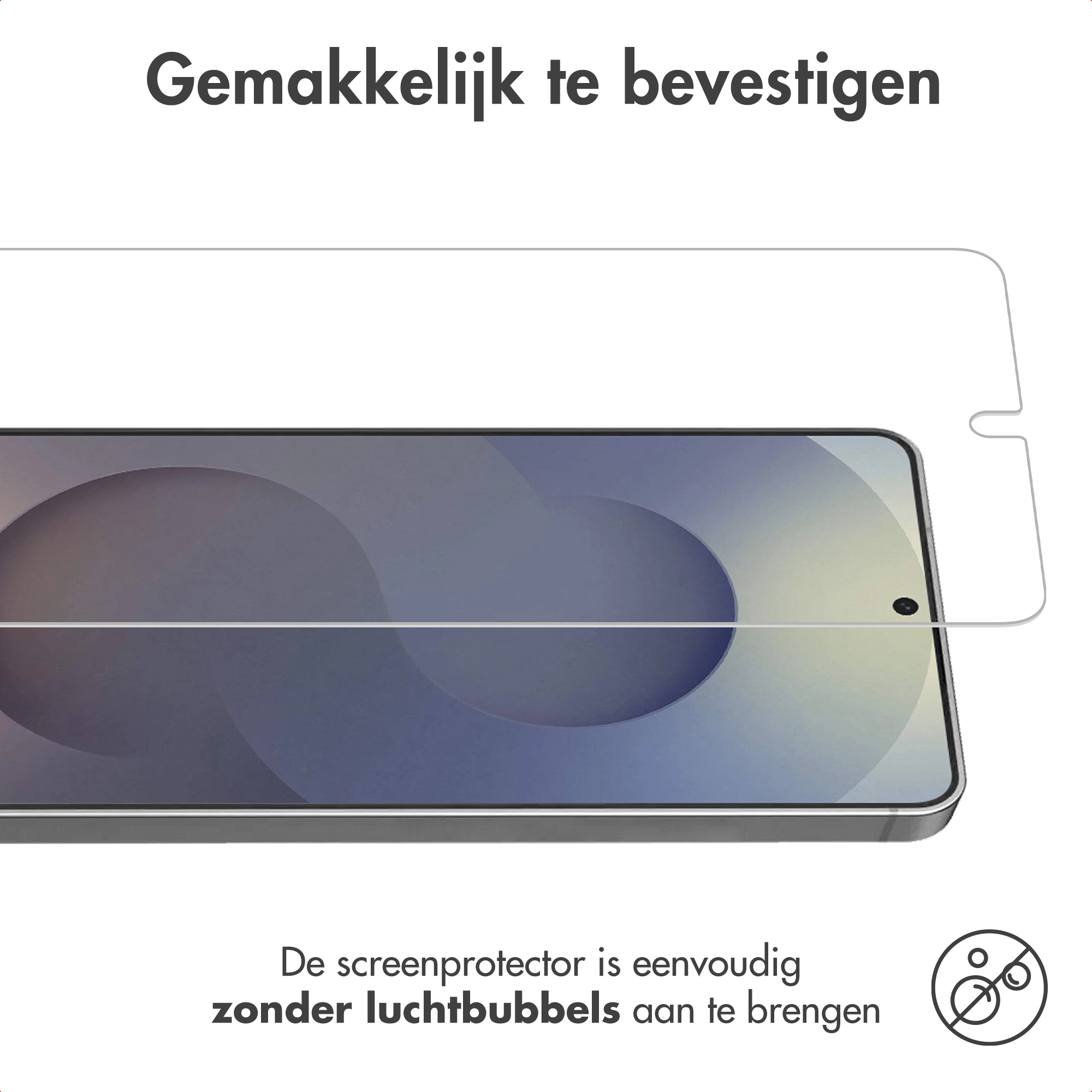 Een screenprotector wordt op een smartphone geplaatst met reclame tekst.
