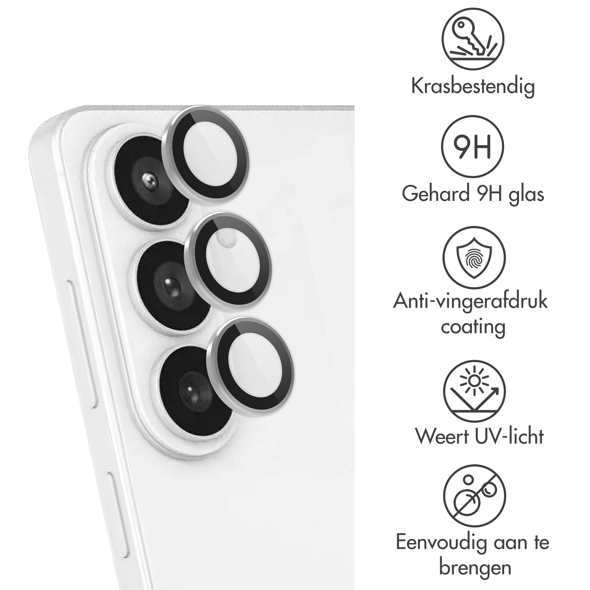 Gros plan des objectifs d'un smartphone blanc avec des films protecteurs.