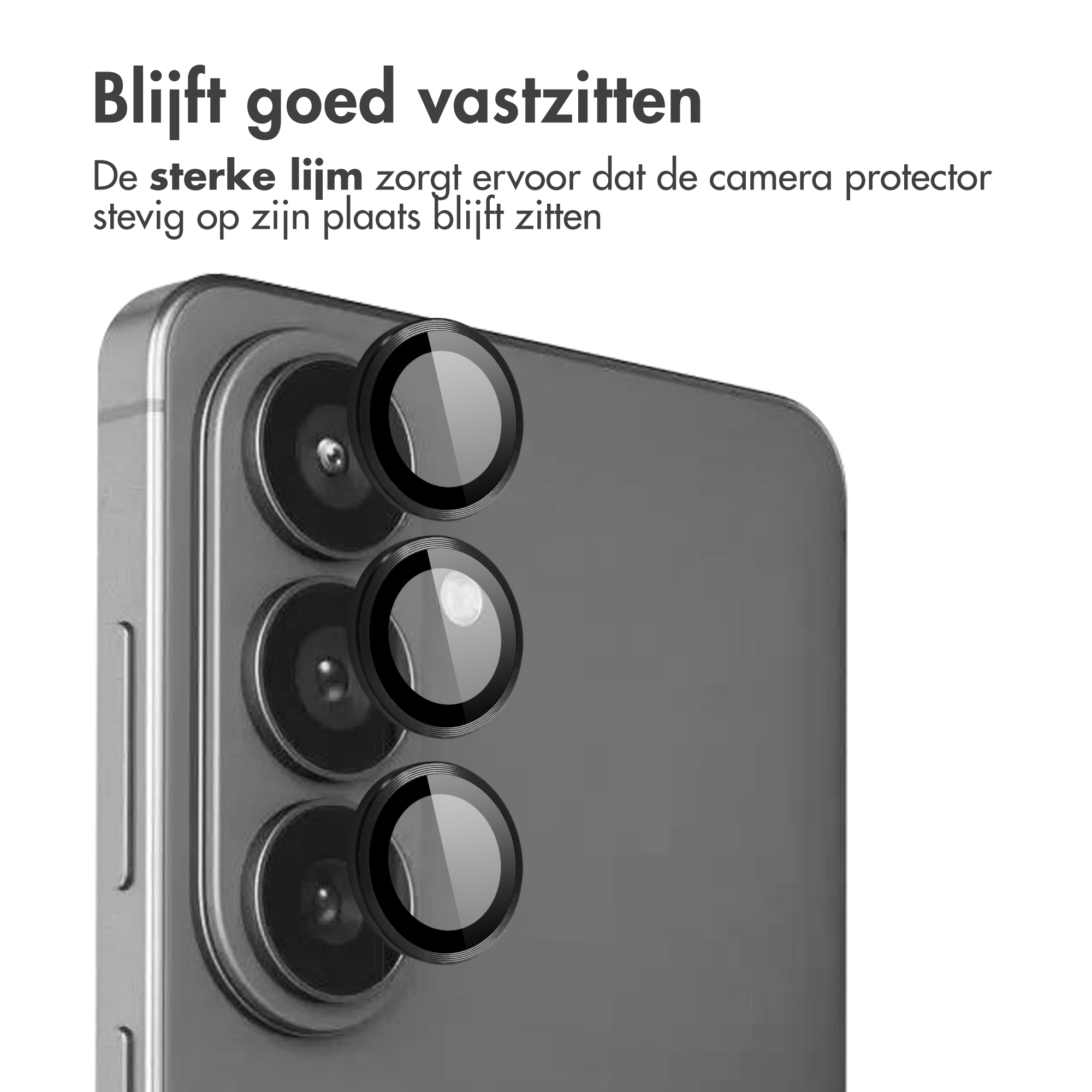 Trois objectifs de protection d'appareil photo sombres sont fixés à l'arrière d'un téléphone gris.
