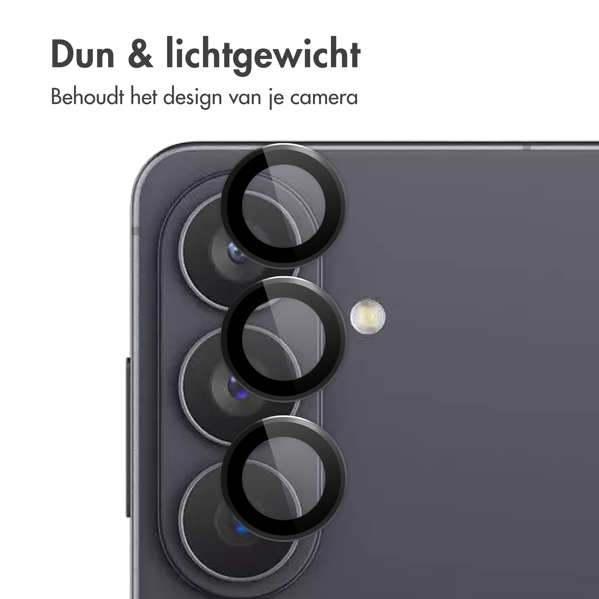 Drie ronde screenprotectors bedekken de cameralenzen van een donkere smartphone.
